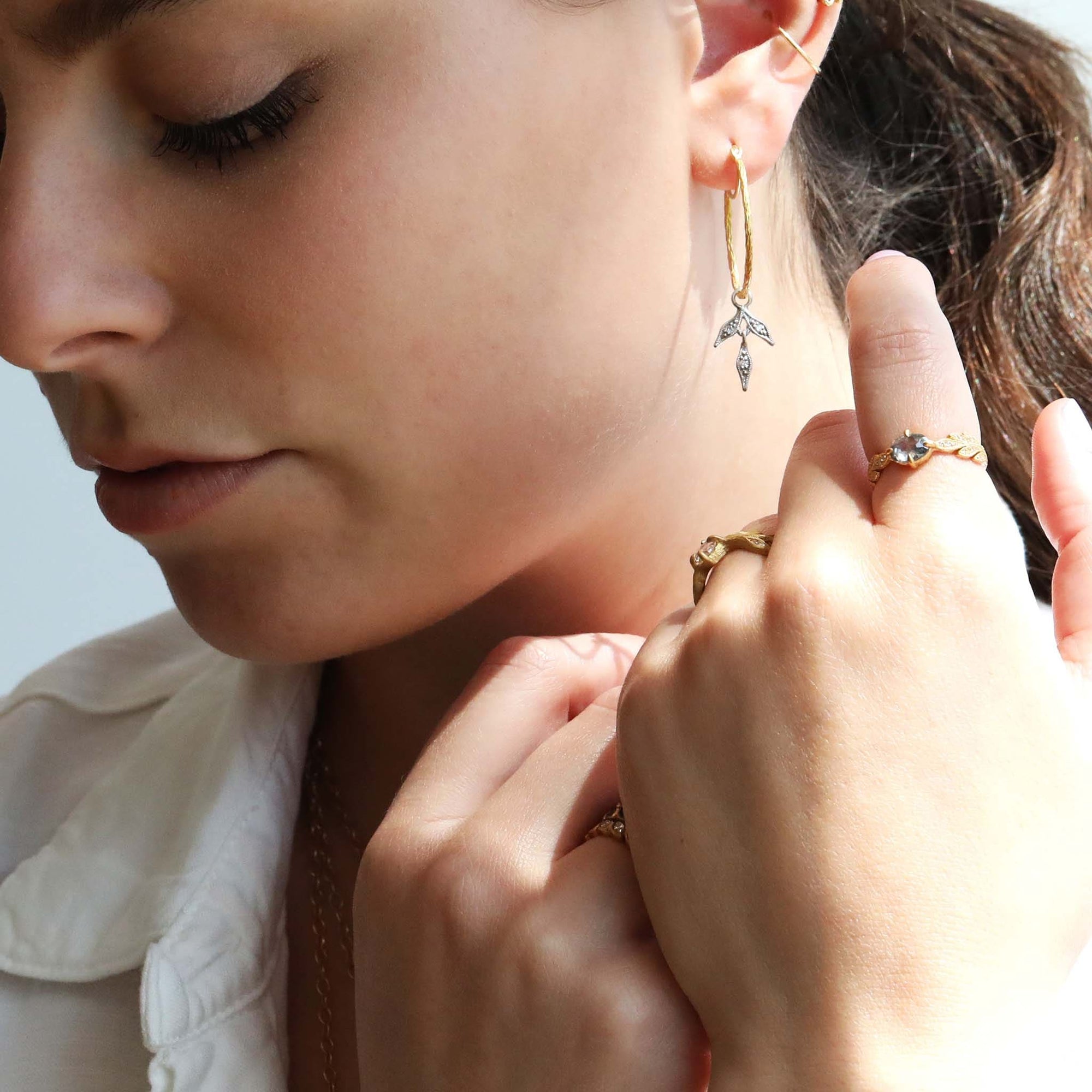 22K Gold Branched Hoop Earrings with Platinum &amp; Diamond Leaves