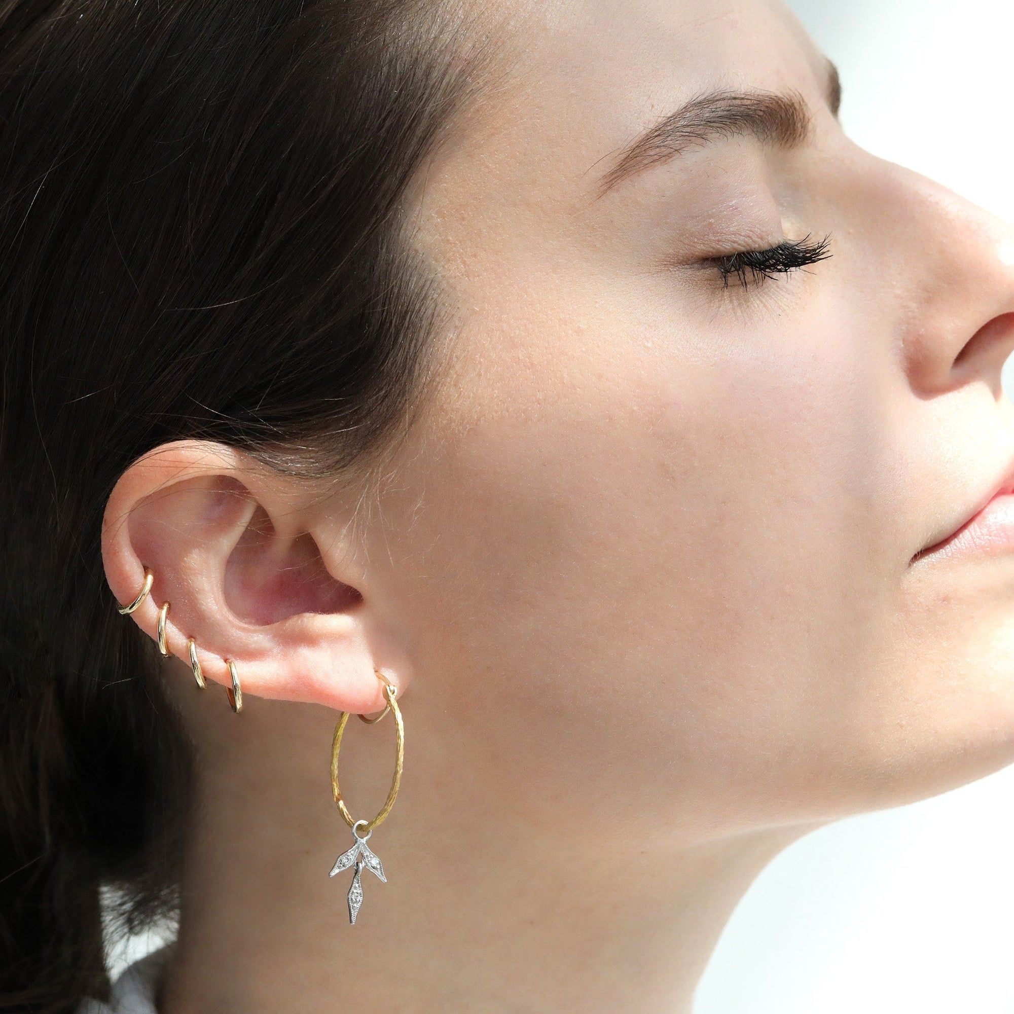 22K Gold Branched Hoop Earrings with Platinum &amp; Diamond Leaves