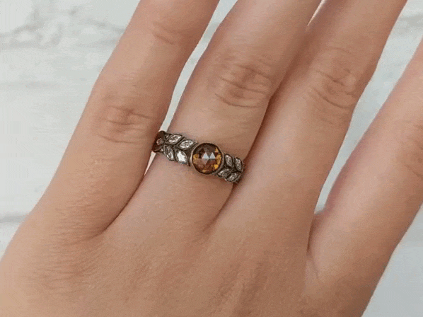 22K Gold Cognac Diamond &quot;Small Garland&quot; Ring with White Diamond Leaves