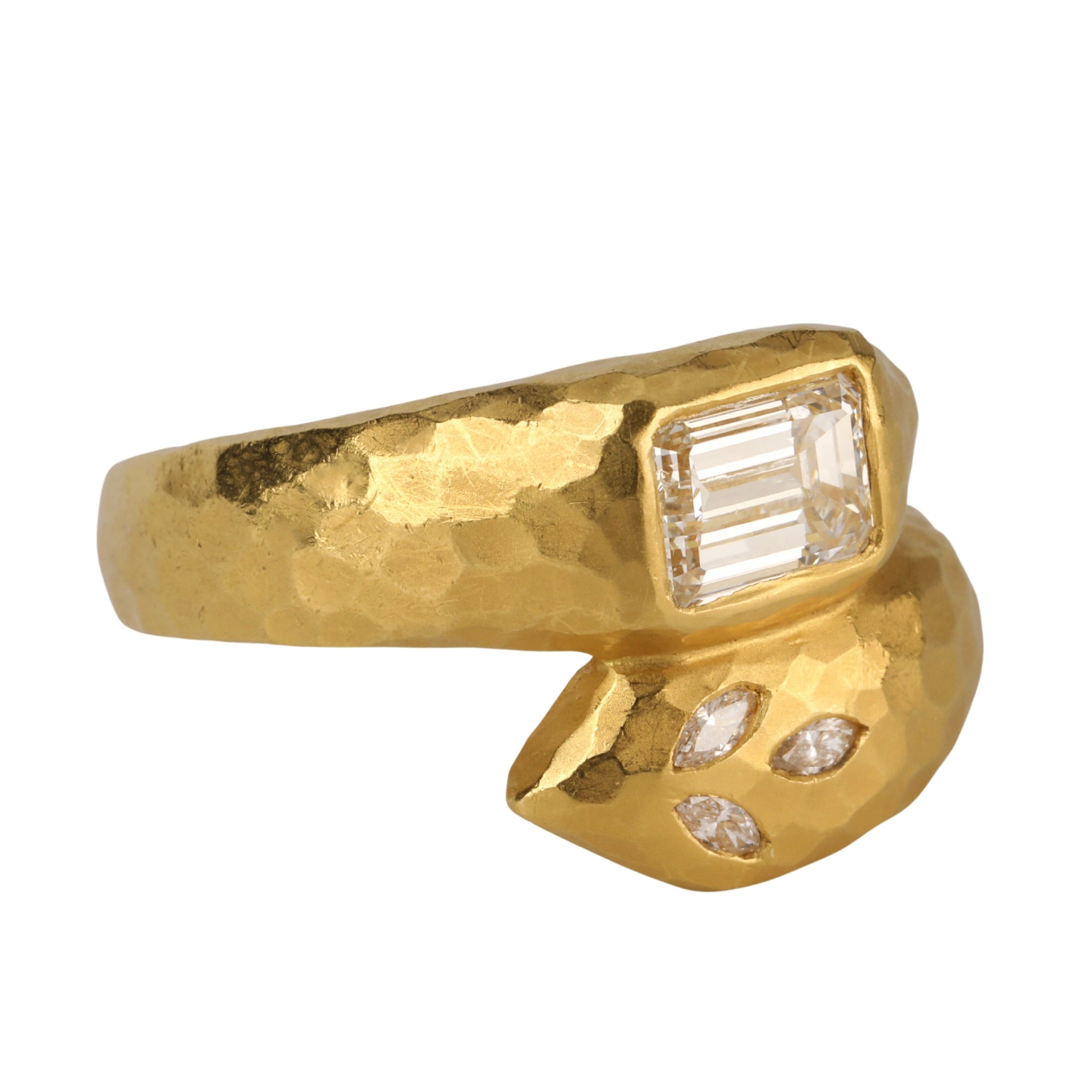 22K Gold &quot;Deconstructed Garland&quot; Wrap Ring with Emerald-Cut Diamond - Peridot Fine Jewelry - Cathy Waterman