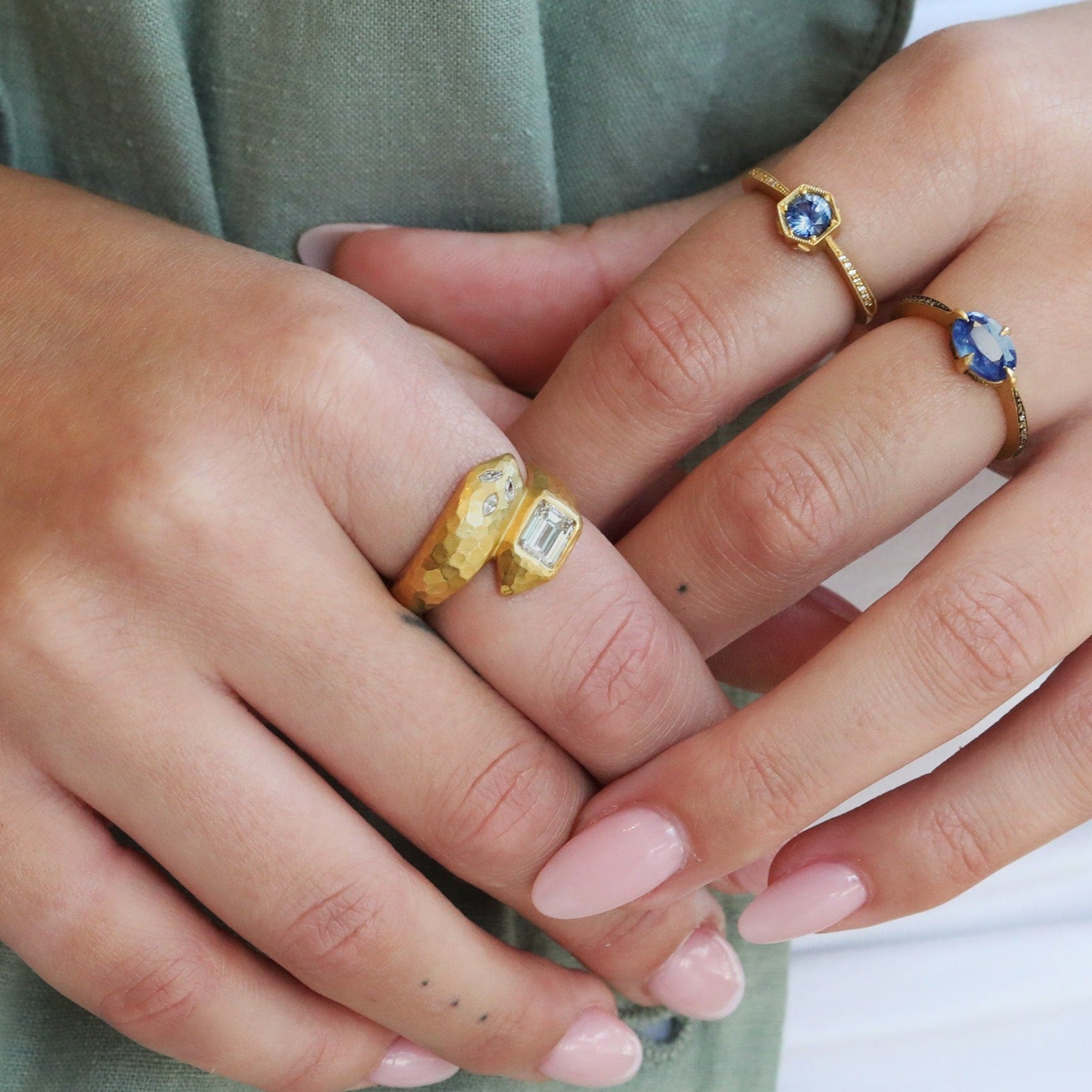 22K Gold "Deconstructed Garland" Wrap Ring with Emerald-Cut Diamond - Peridot Fine Jewelry - Cathy Waterman