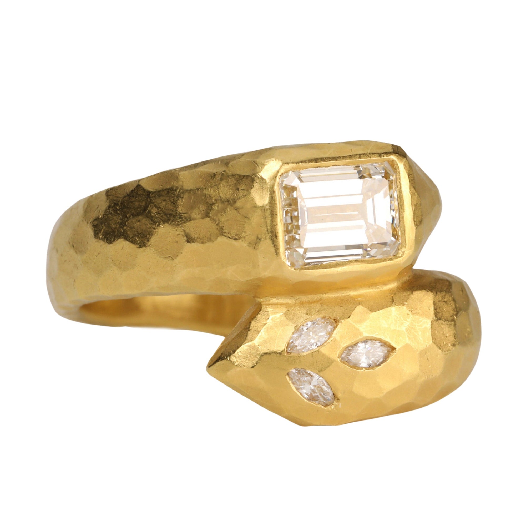 22K Gold &quot;Deconstructed Garland&quot; Wrap Ring with Emerald-Cut Diamond - Peridot Fine Jewelry - Cathy Waterman