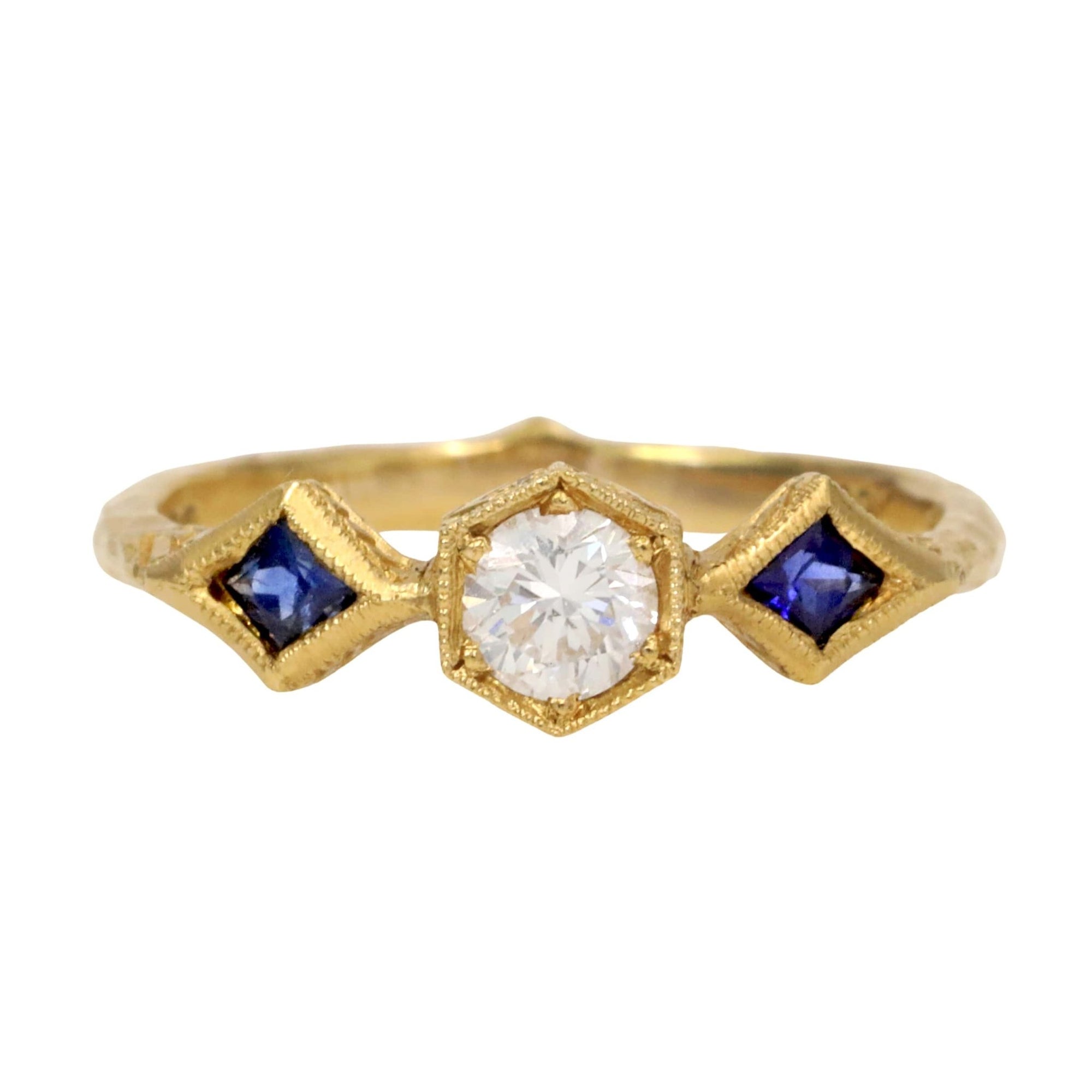 Cathy Waterman 22K Gold Diamond Ring with Blue Sapphires