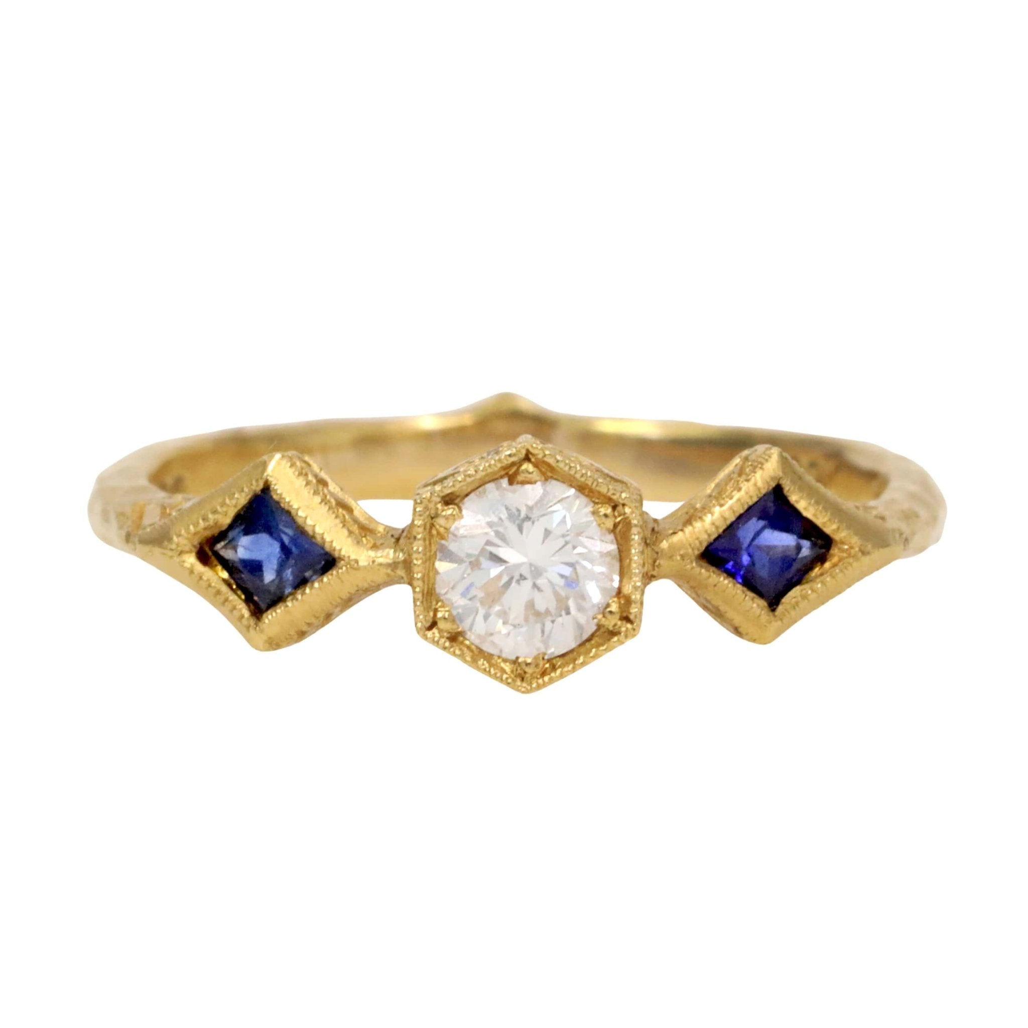 Cathy Waterman 22K Gold Diamond Ring with Blue Sapphires