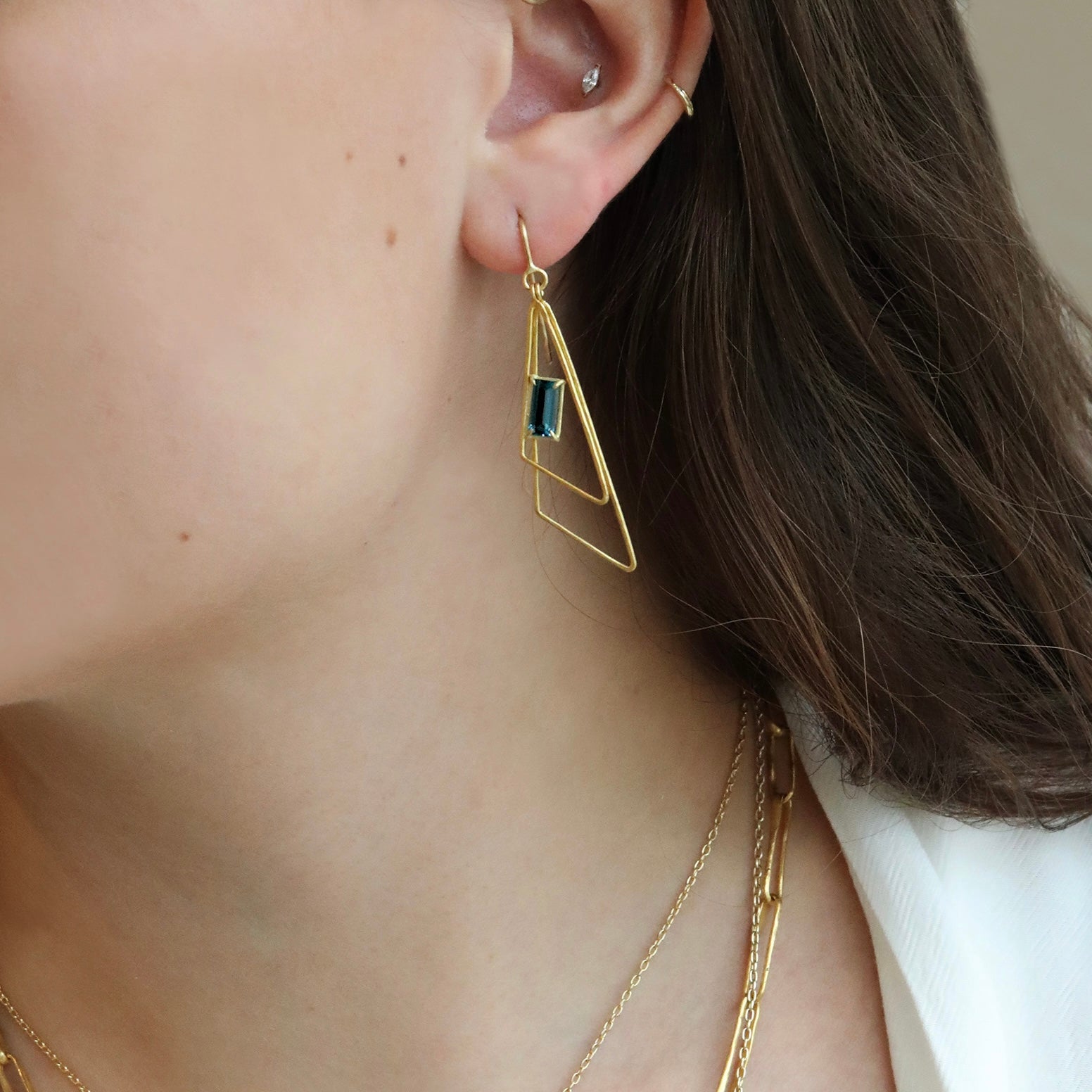 22K Gold Double Triangle Drop Earrings with London Blue Topaz Baguette - Peridot Fine Jewelry - Rosanne Pugliese