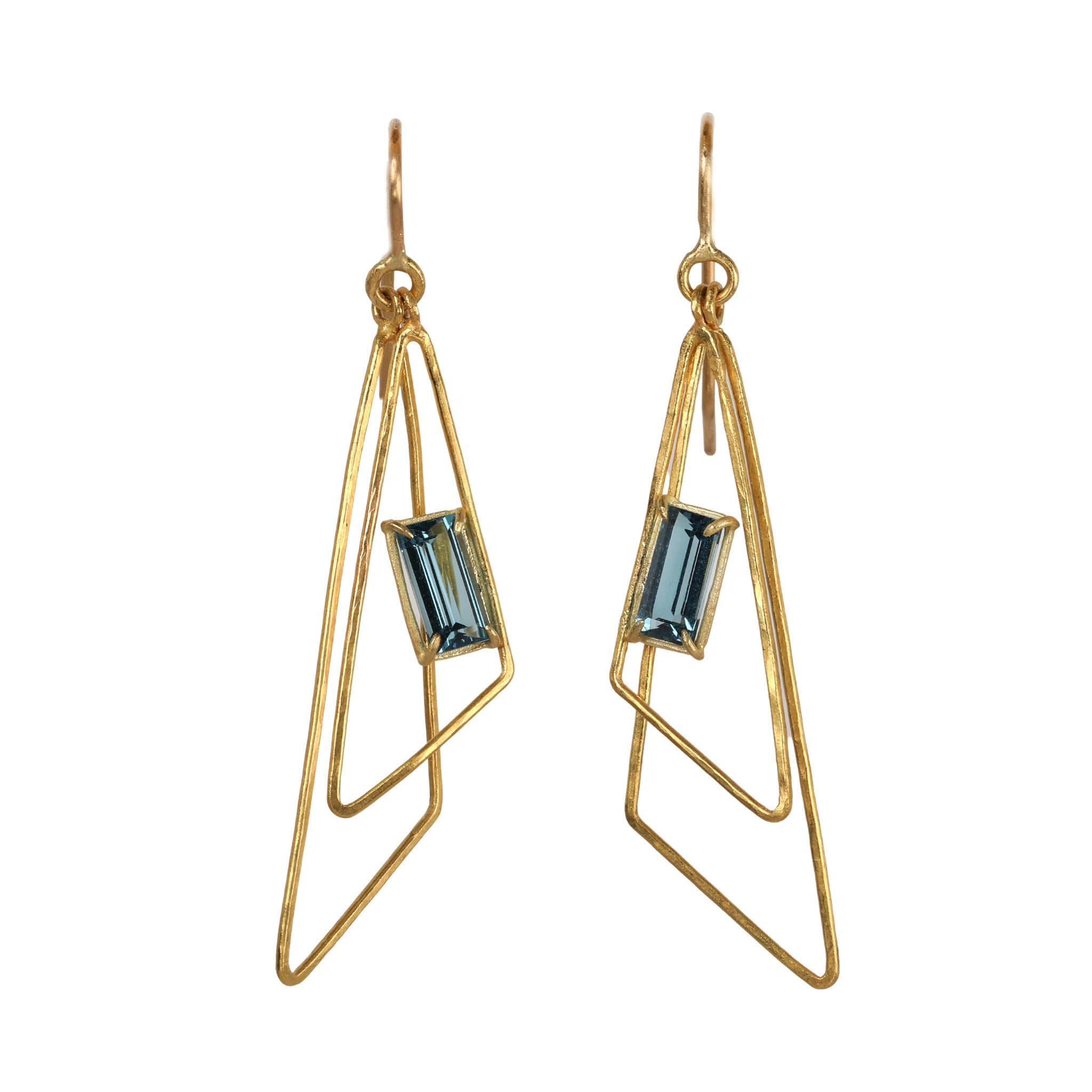 22K Gold Double Triangle Drop Earrings with London Blue Topaz Baguette - Peridot Fine Jewelry - Rosanne Pugliese