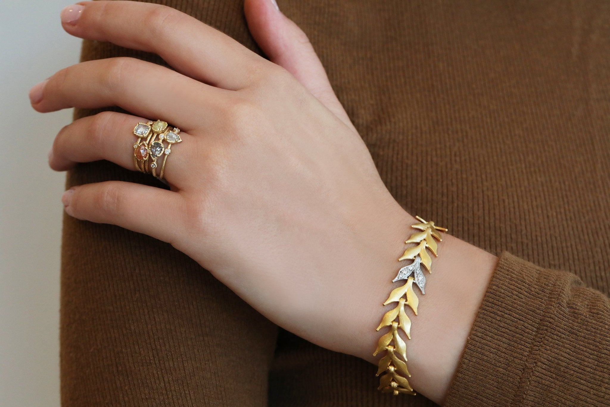 Cathy Waterman 22K Gold Flexible &quot;Wheat&quot; Bracelet with Platinum and Pave Diamond Center