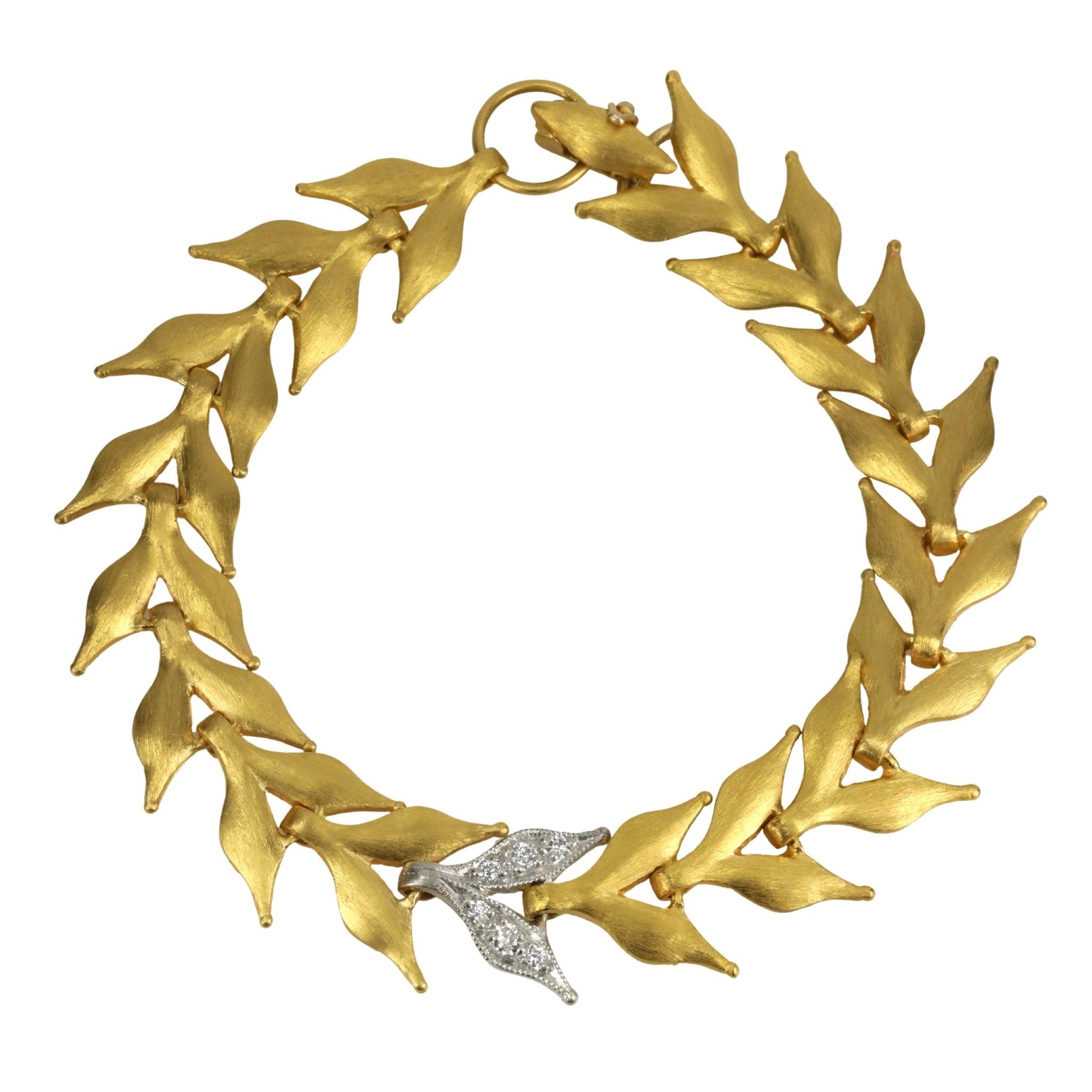 Cathy Waterman 22K Gold Flexible &quot;Wheat&quot; Bracelet with Platinum and Pave Diamond Center