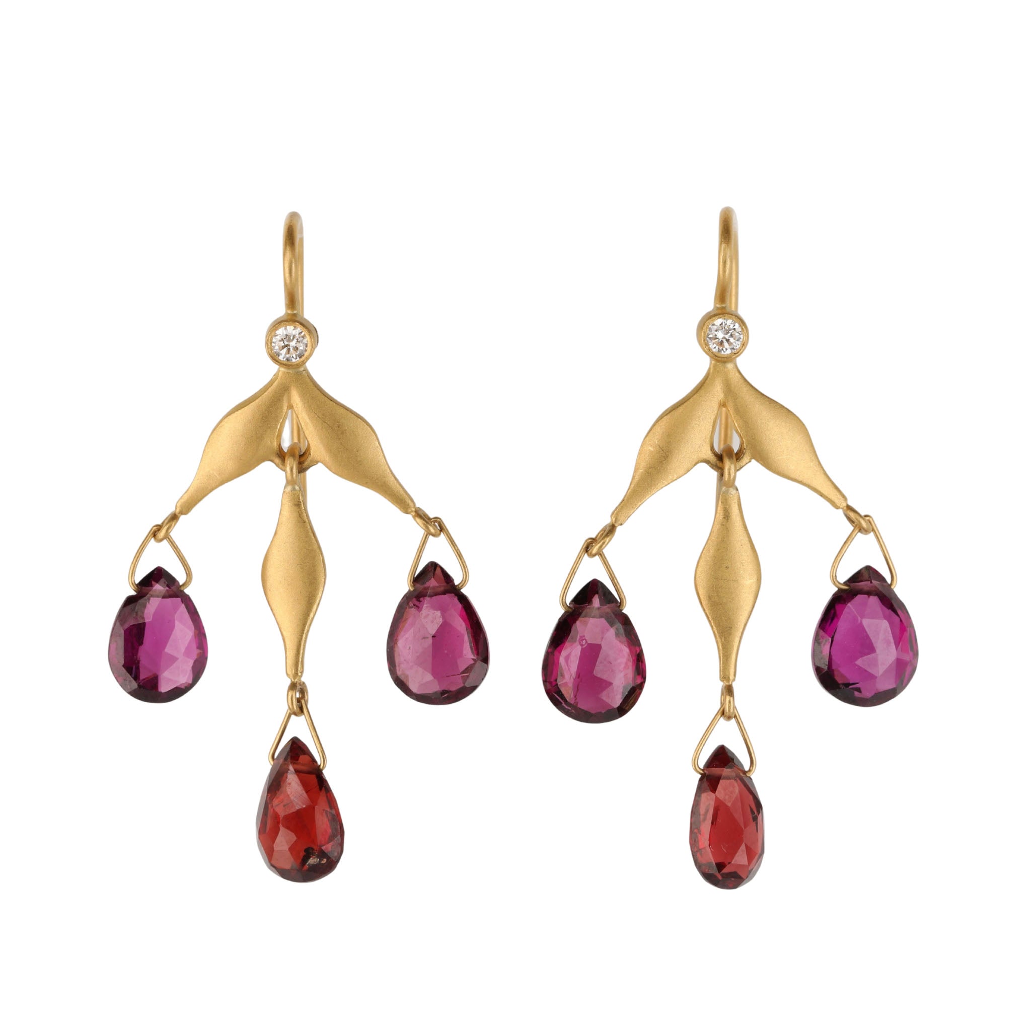 22K Gold &quot;Flexible Wheat&quot; Earrings with Garnet Drops - Peridot Fine Jewelry - Cathy Waterman