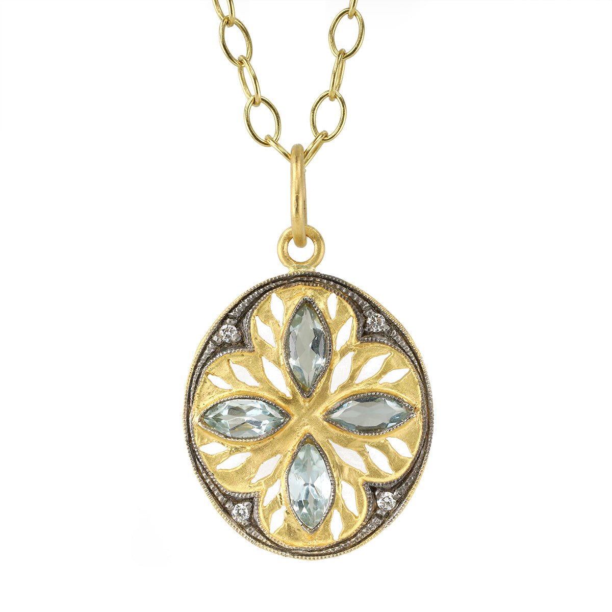 22K Gold Framed Oval Cutout Pendant with Marquise Aquamarines - Peridot Fine Jewelry - Cathy Waterman