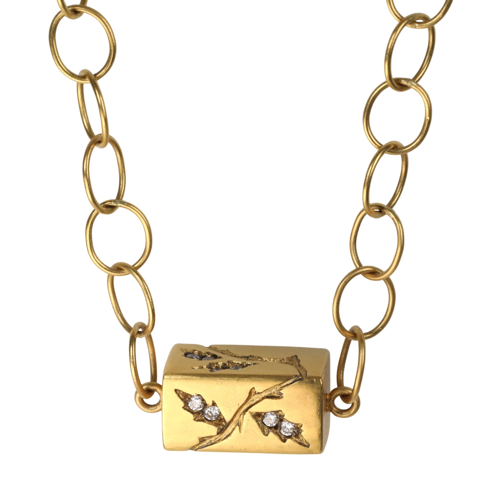 22K Gold &quot;Grow Baby Grow&quot; Chain Necklace with Etched Diamond Cube - Peridot Fine Jewelry - Cathy Waterman