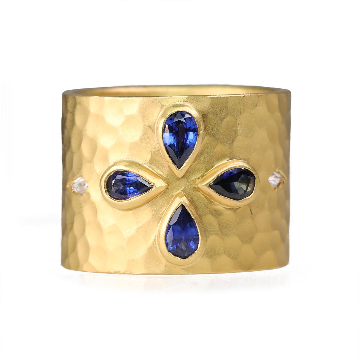 Cathy Waterman 22K Gold Hammered Blue Sapphire and Diamond &quot;Cigar&quot; Ring