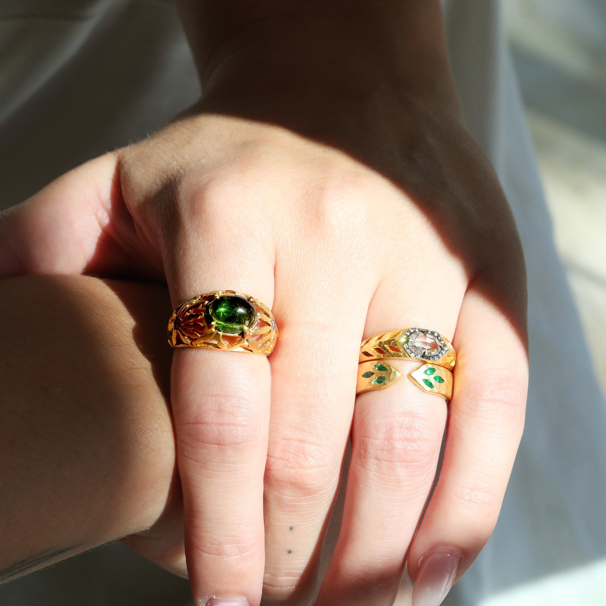22K Gold Hammered Open Ring with Marquise Emerald &quot;Leaf&quot; Details - Peridot Fine Jewelry - Cathy Waterman