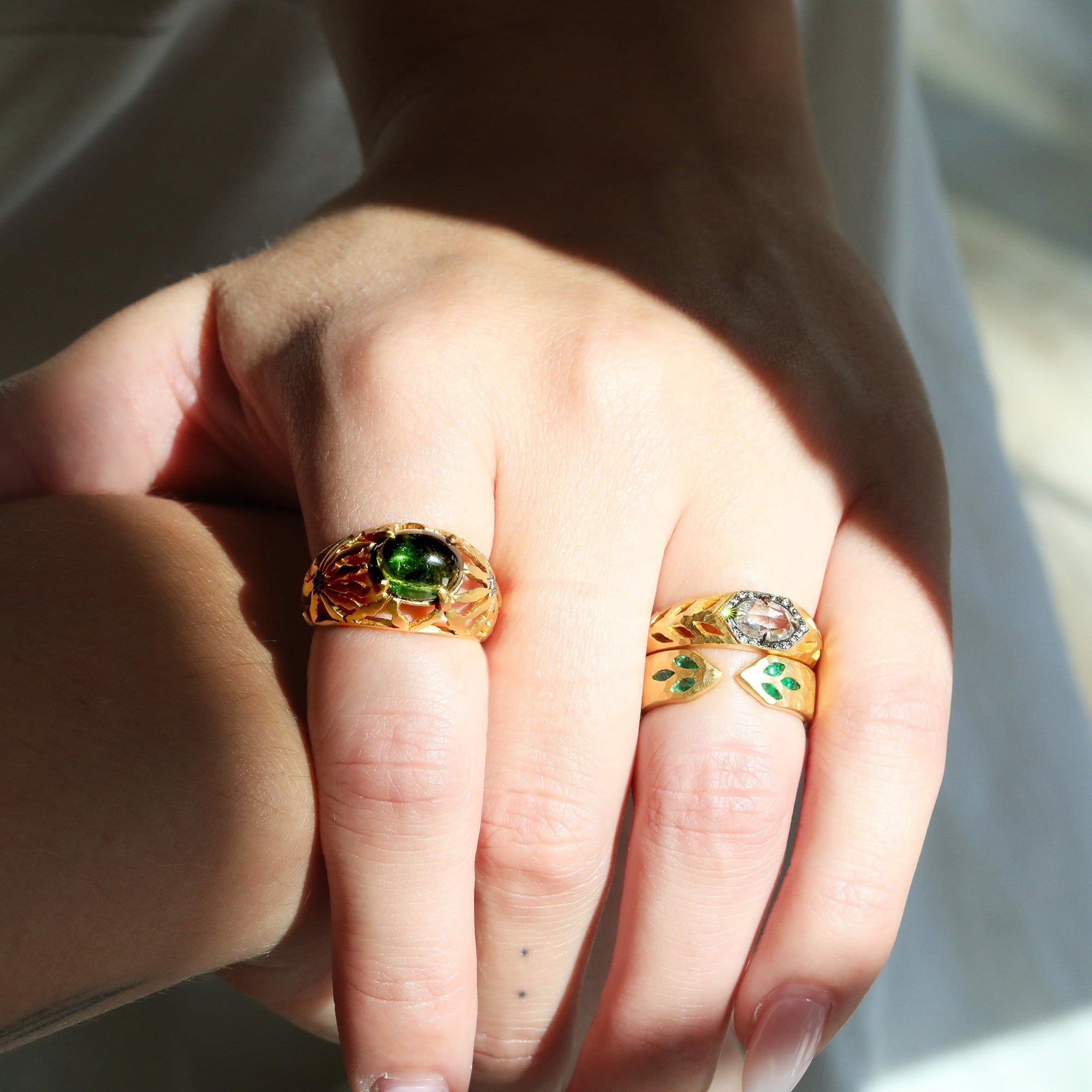 22K Gold Hammered Open Ring with Marquise Emerald "Leaf" Details - Peridot Fine Jewelry - Cathy Waterman