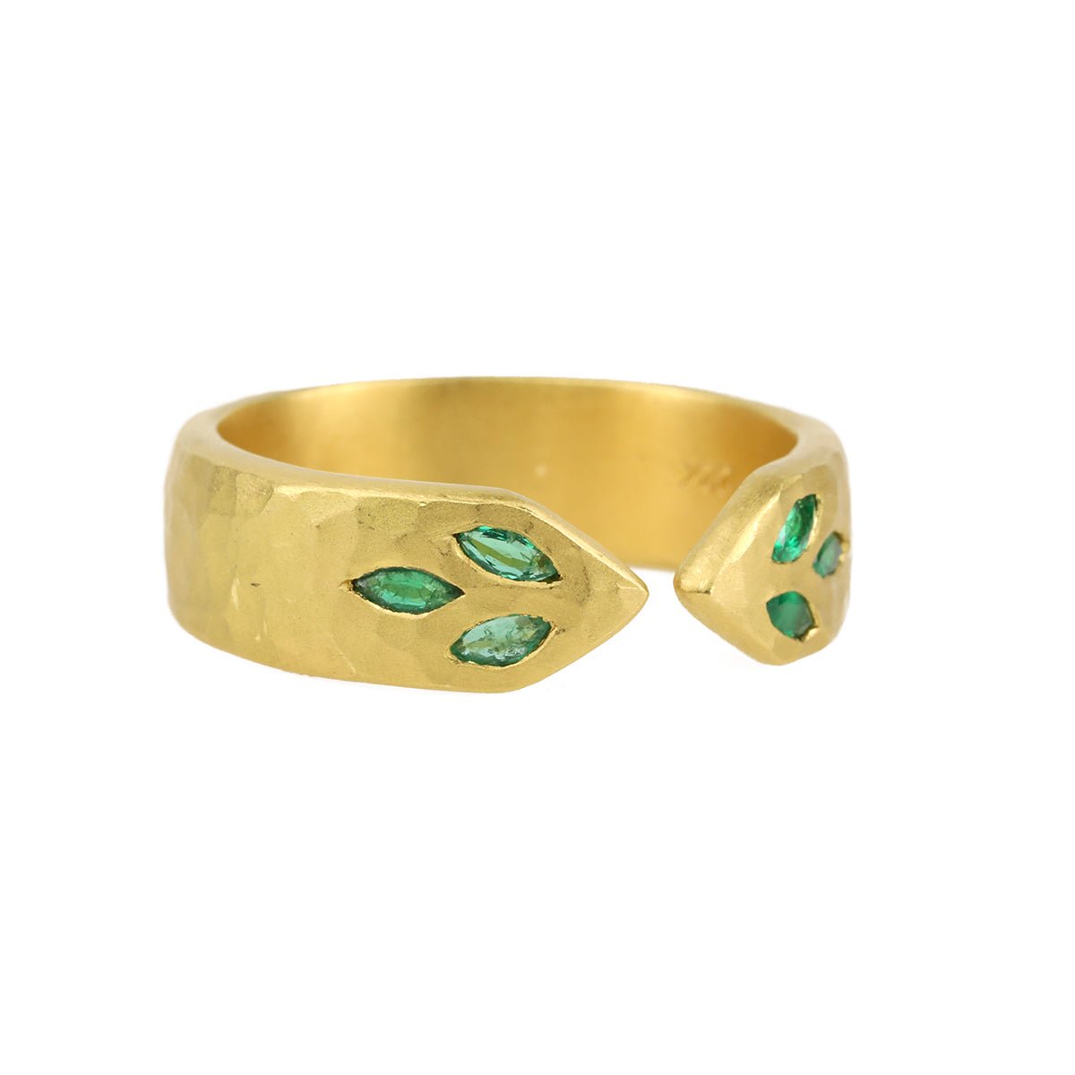 Cathy Waterman 22K Gold Hammered Open Ring with Marquise Emerald "Leaf" Details