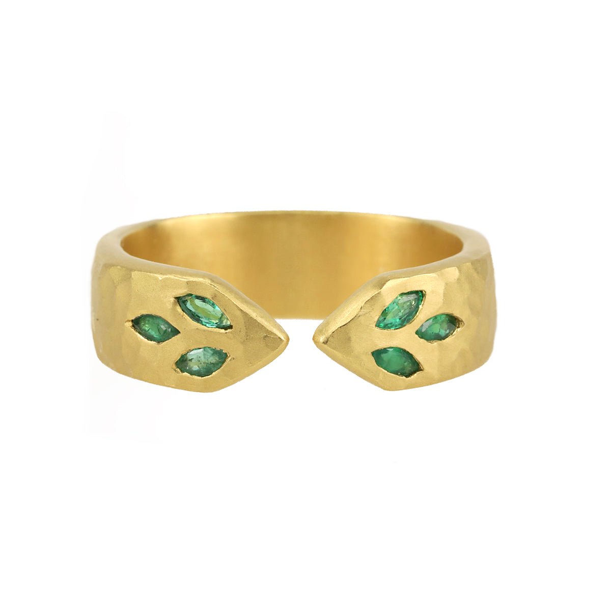 Cathy Waterman 22K Gold Hammered Open Ring with Marquise Emerald &quot;Leaf&quot; Details