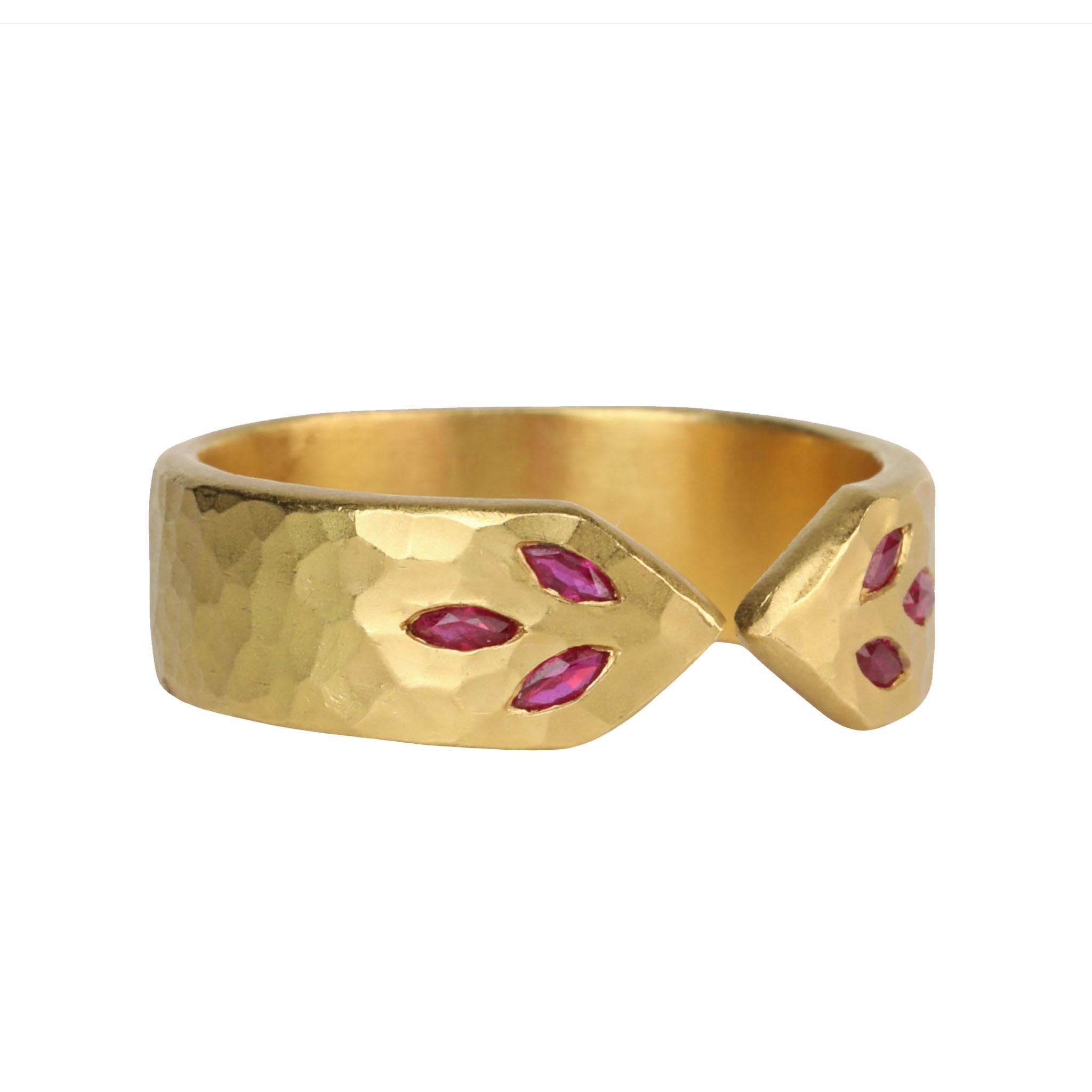 22K Gold Hammered Open Ring with Marquise Ruby "Leaf" Details - Peridot Fine Jewelry - Cathy Waterman