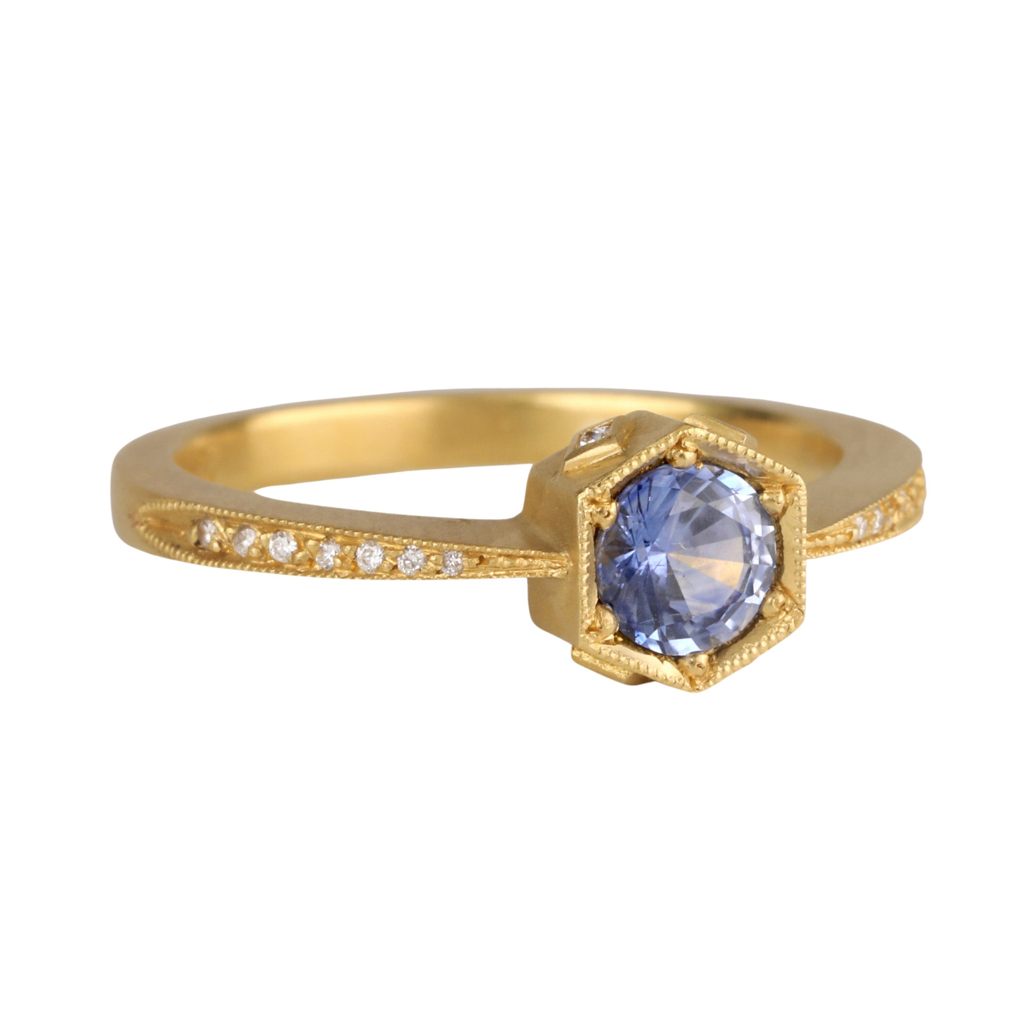 22K Gold Hexagonal Bezel-Set Blue Sapphire Ring with Diamonds - Peridot Fine Jewelry - Cathy Waterman