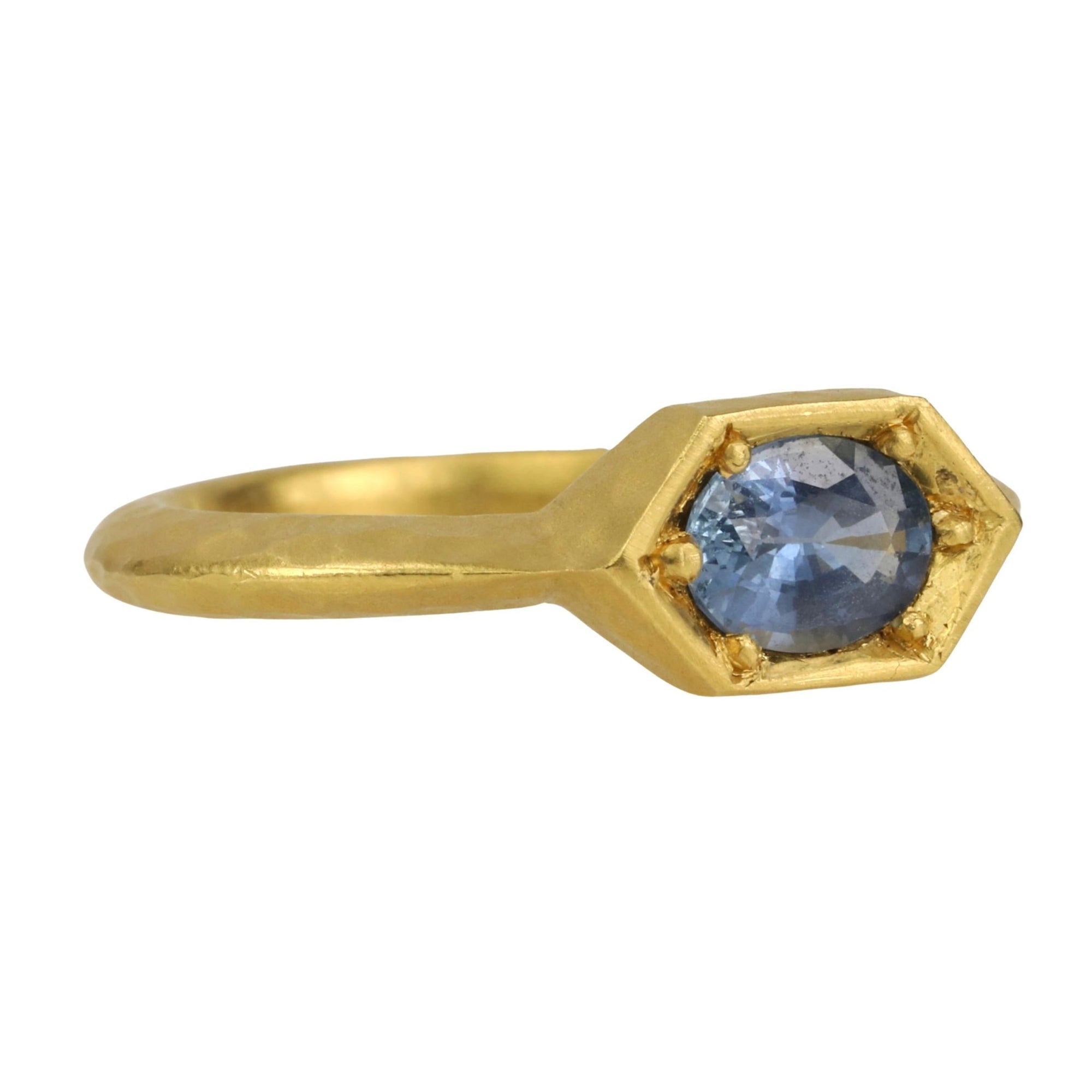 22K Gold Hexagonal Prong-Set Oval Blue Sapphire Ring