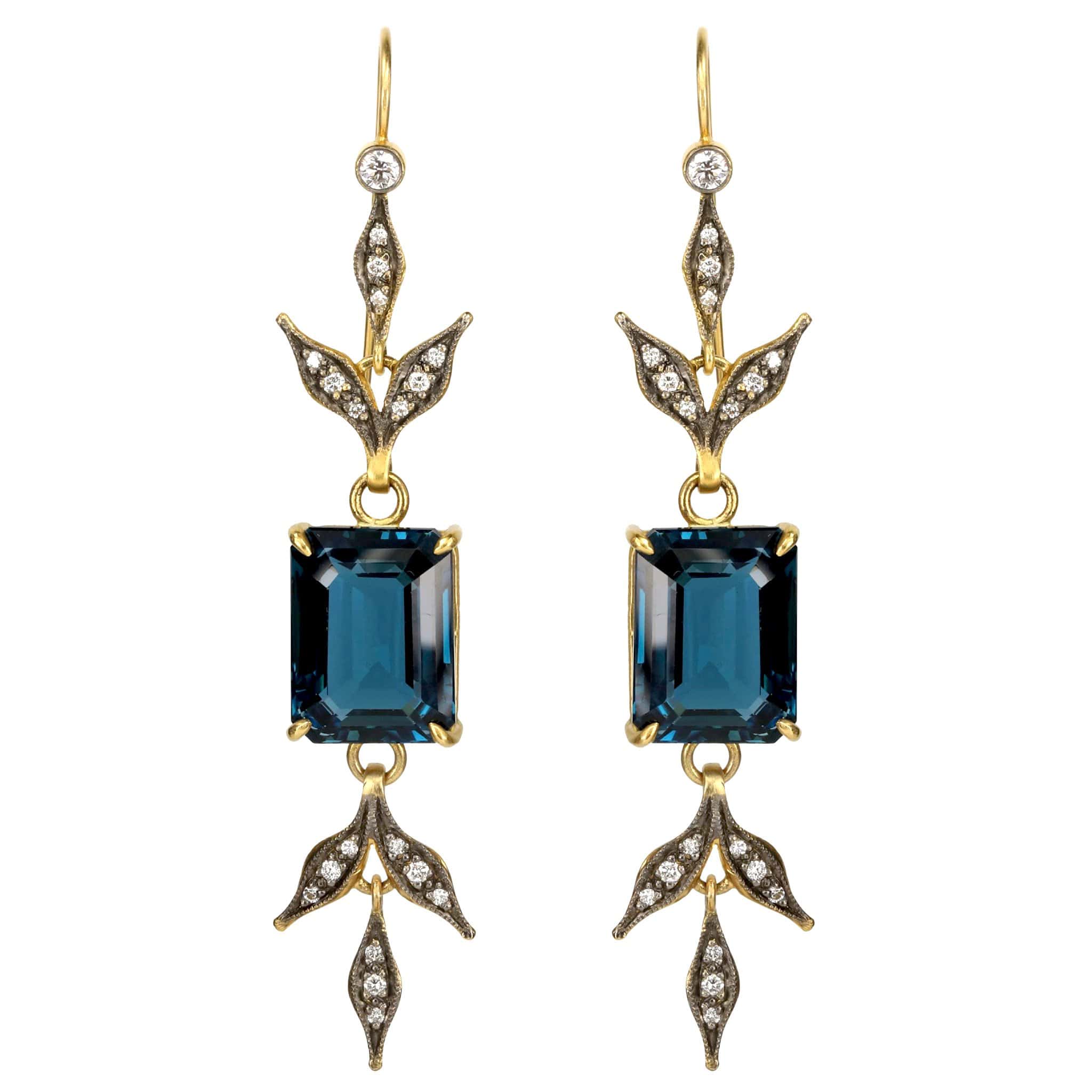 Cathy Waterman 22K Gold London Blue Topaz Flex Wheat Earrings with Diamonds