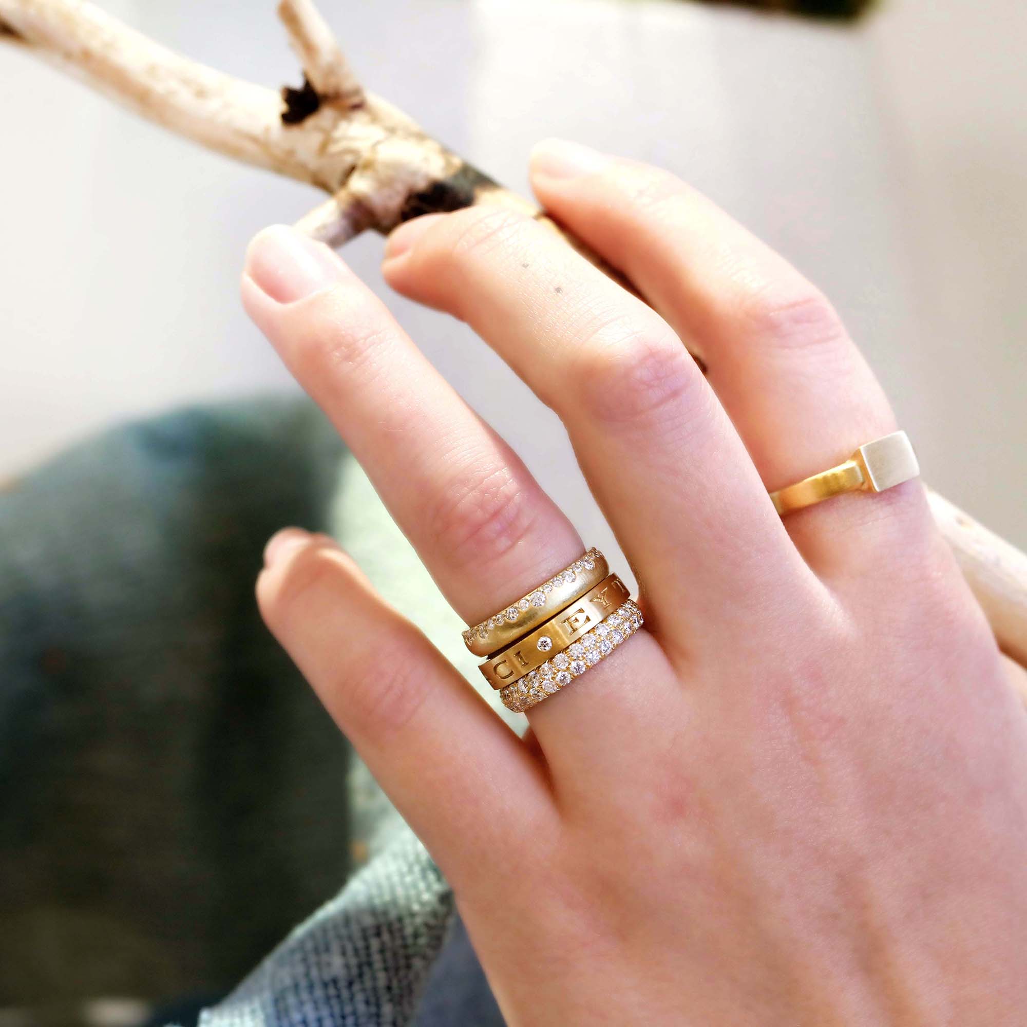Caroline Ellen 22K Gold Engraved "May You Have Luck And Laughter" Ring with Diamonds