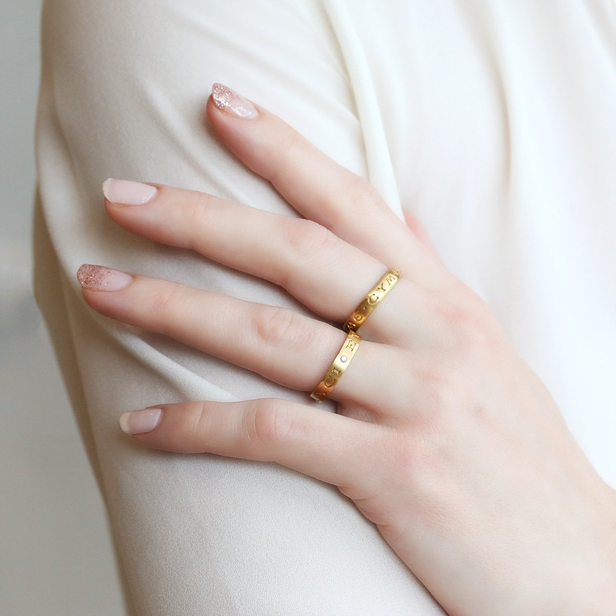 Caroline Ellen 22K Gold Engraved &quot;May You Have Luck And Laughter&quot; Ring with Diamonds