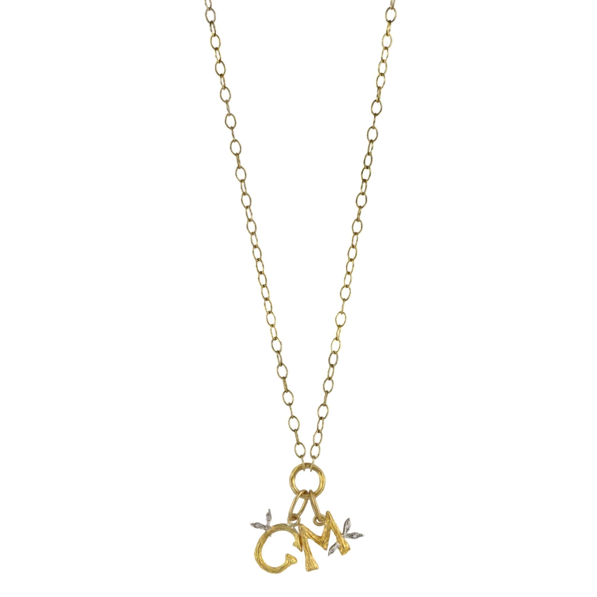 Cathy Waterman 22K Gold Necklace with &quot;Jeweled Branch&quot; Initials G &amp; M