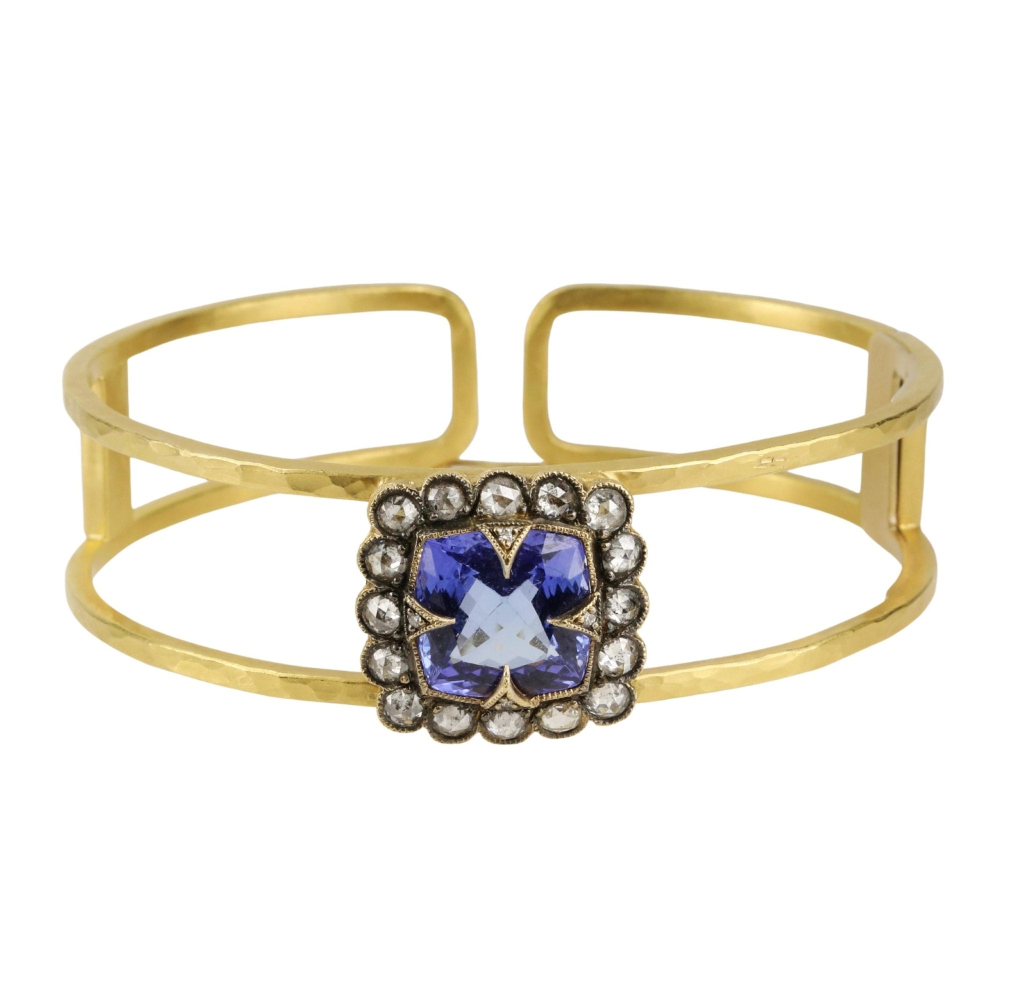 Cathy Waterman 22k Gold Open &quot;Double&quot; Bracelet with Tanzanite Center and Diamond &quot;Lace Edge&quot;