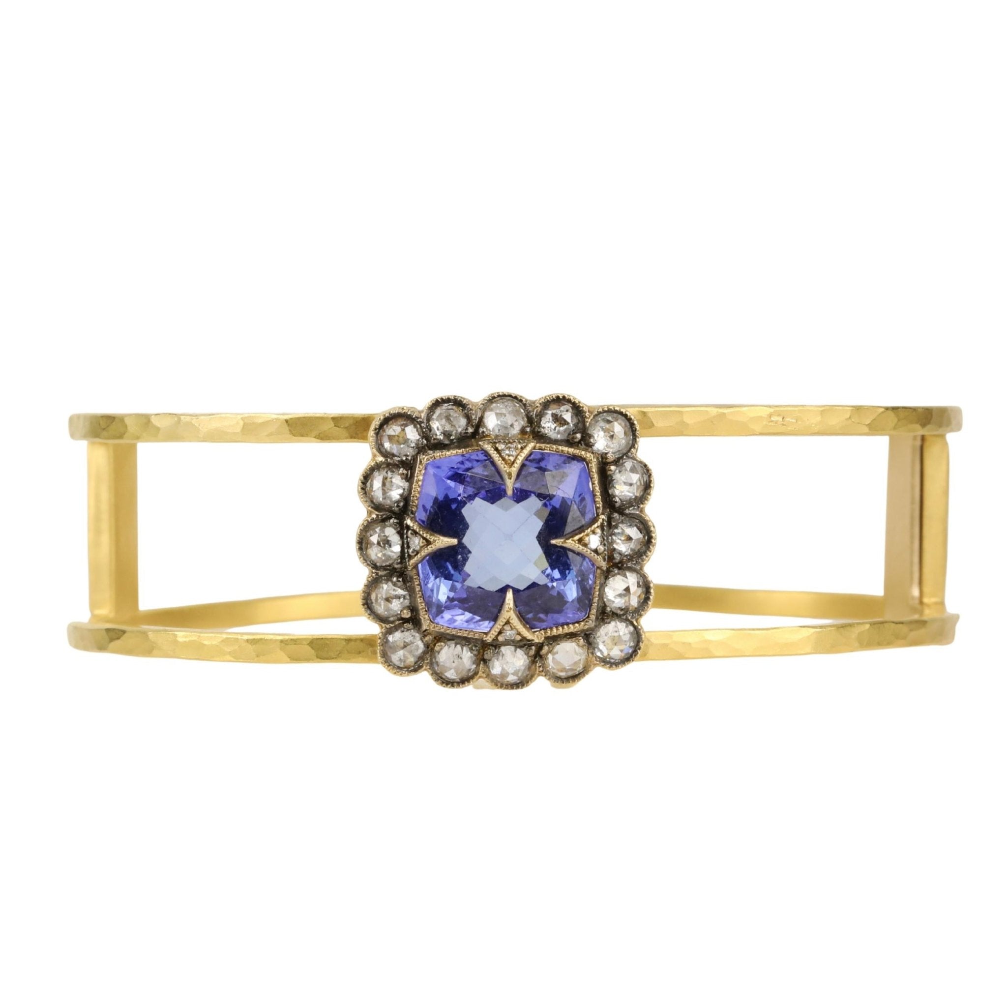 Cathy Waterman 22k Gold Open &quot;Double&quot; Bracelet with Tanzanite Center and Diamond &quot;Lace Edge&quot;