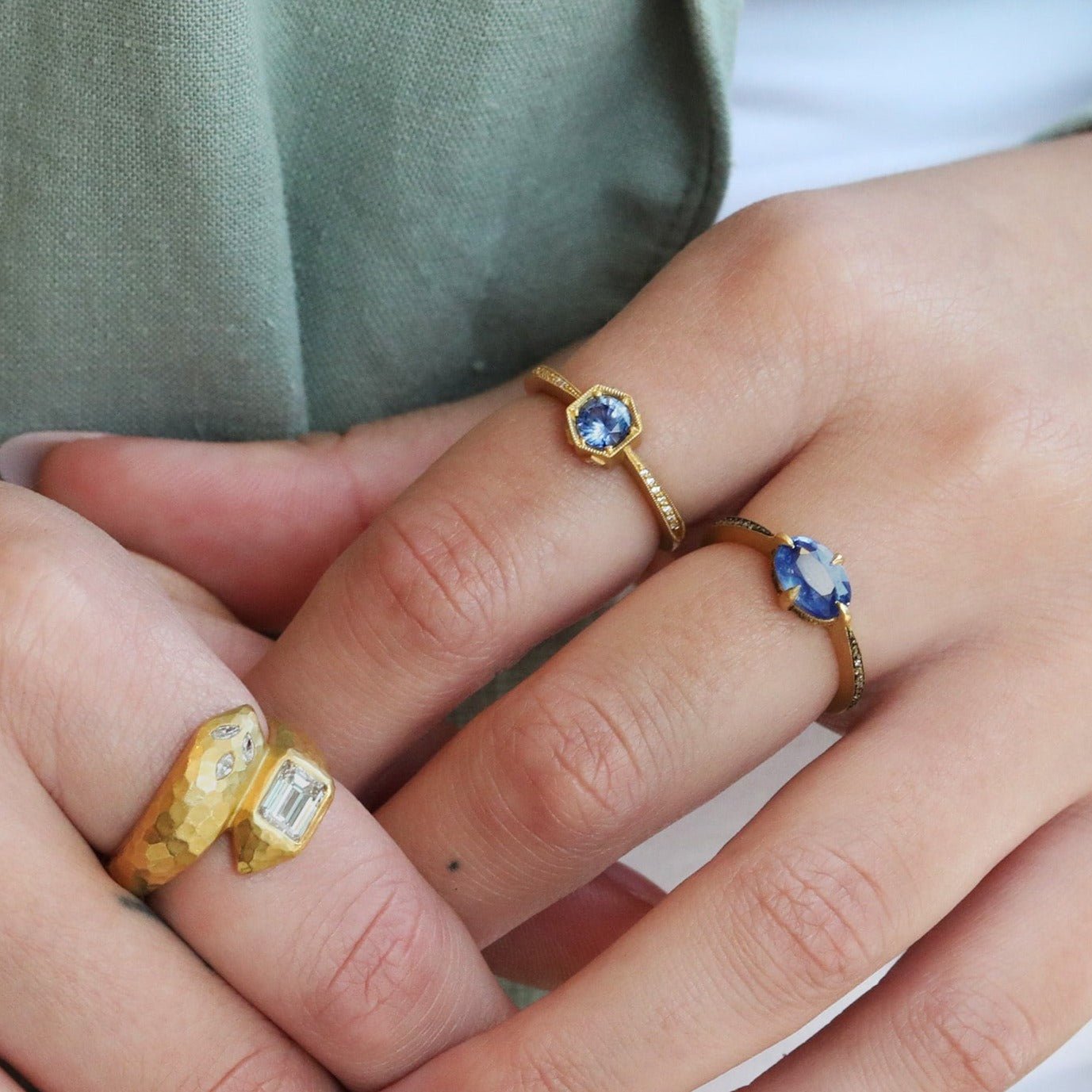 22K Gold Oval Blue Sapphire &quot;Minerva&quot; Ring with Diamonds - Peridot Fine Jewelry - Cathy Waterman