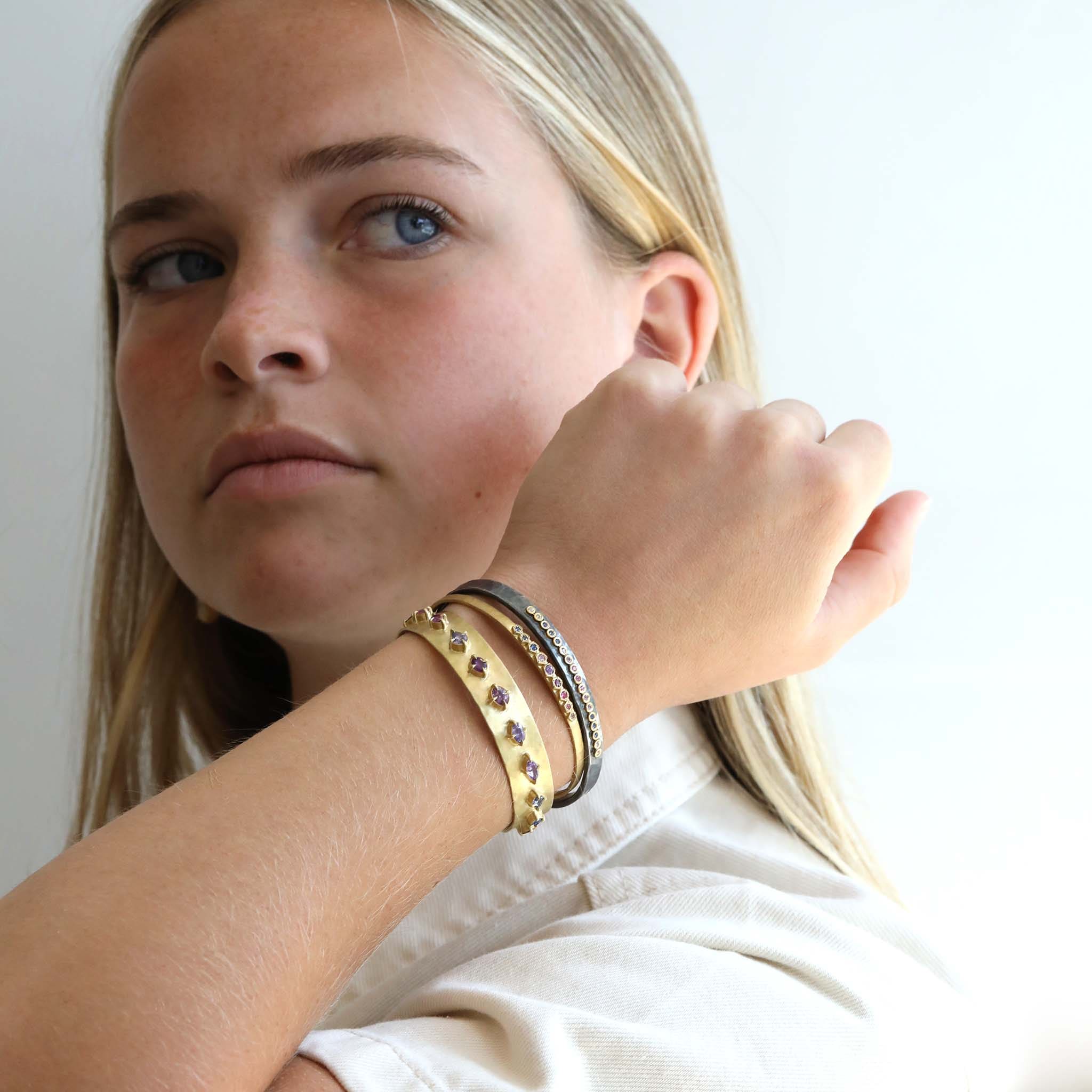 22K Gold &amp; Oxidized Sterling Silver Thin Cuff with Multi-Colored Sapphires