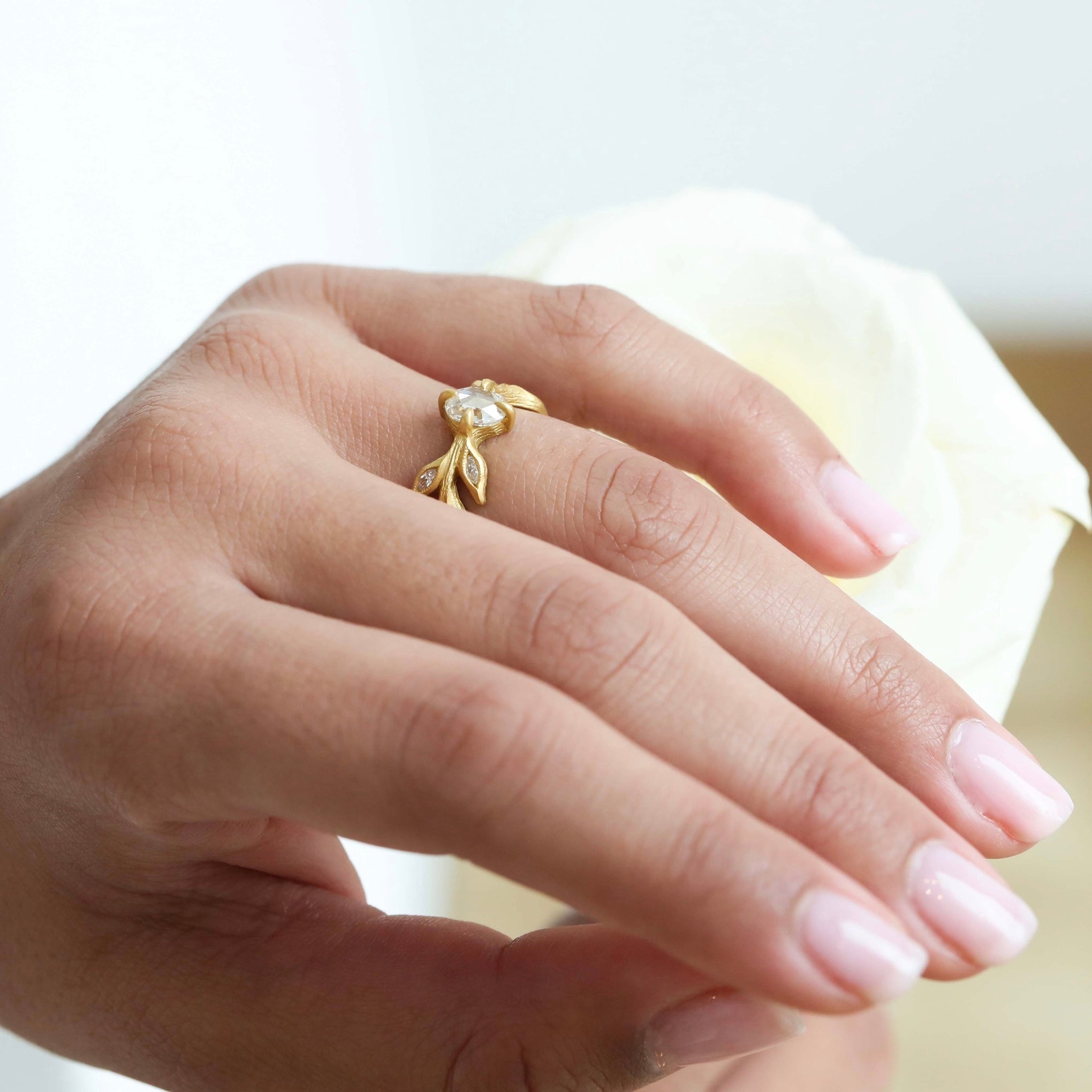 Cathy Waterman 22K Gold Rose Cut Diamond &quot;Diana&quot; Ring with Marquise Diamond Leaves