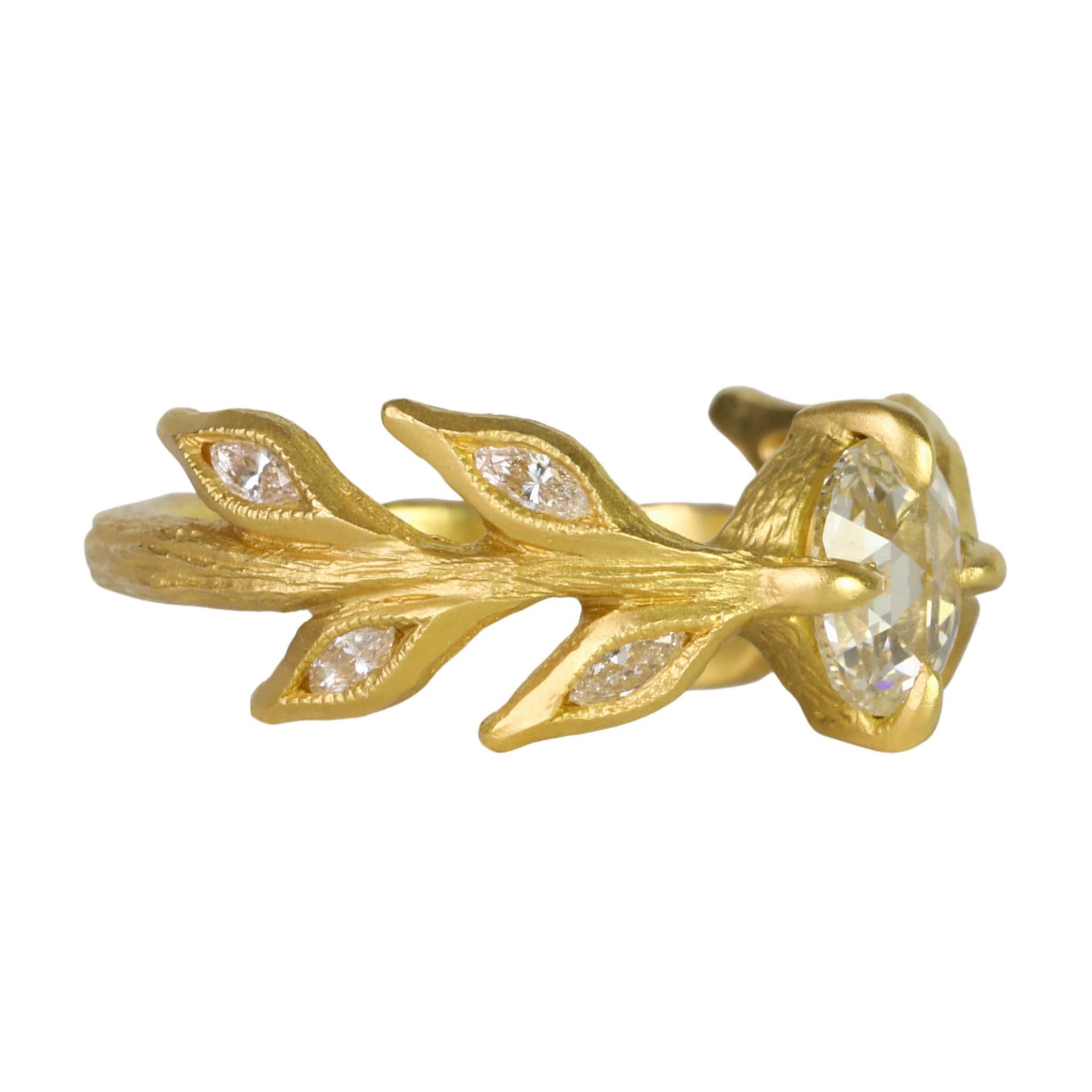 Cathy Waterman 22K Gold Rose Cut Diamond &quot;Diana&quot; Ring with Marquise Diamond Leaves