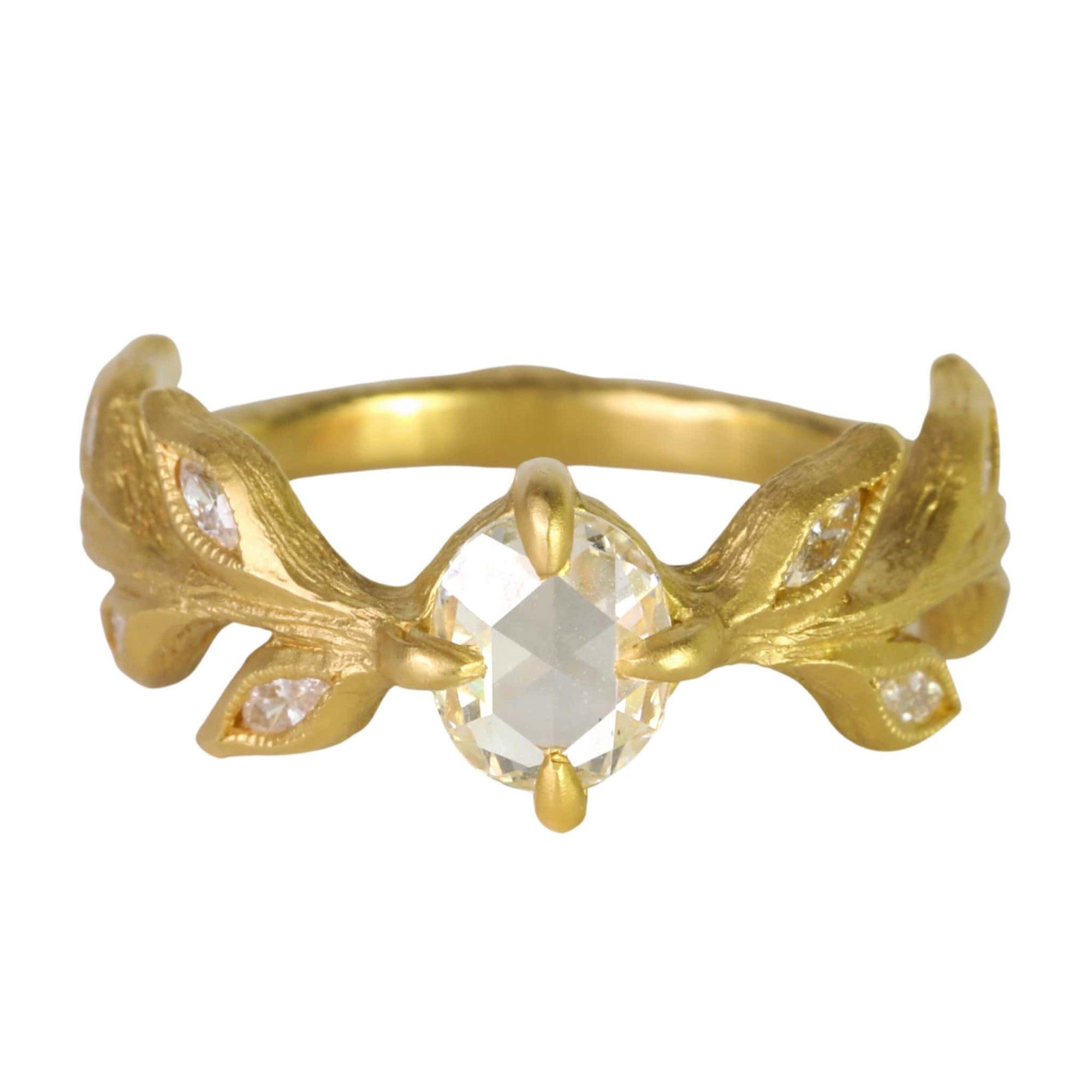 Cathy Waterman 22K Gold Rose Cut Diamond &quot;Diana&quot; Ring with Marquise Diamond Leaves