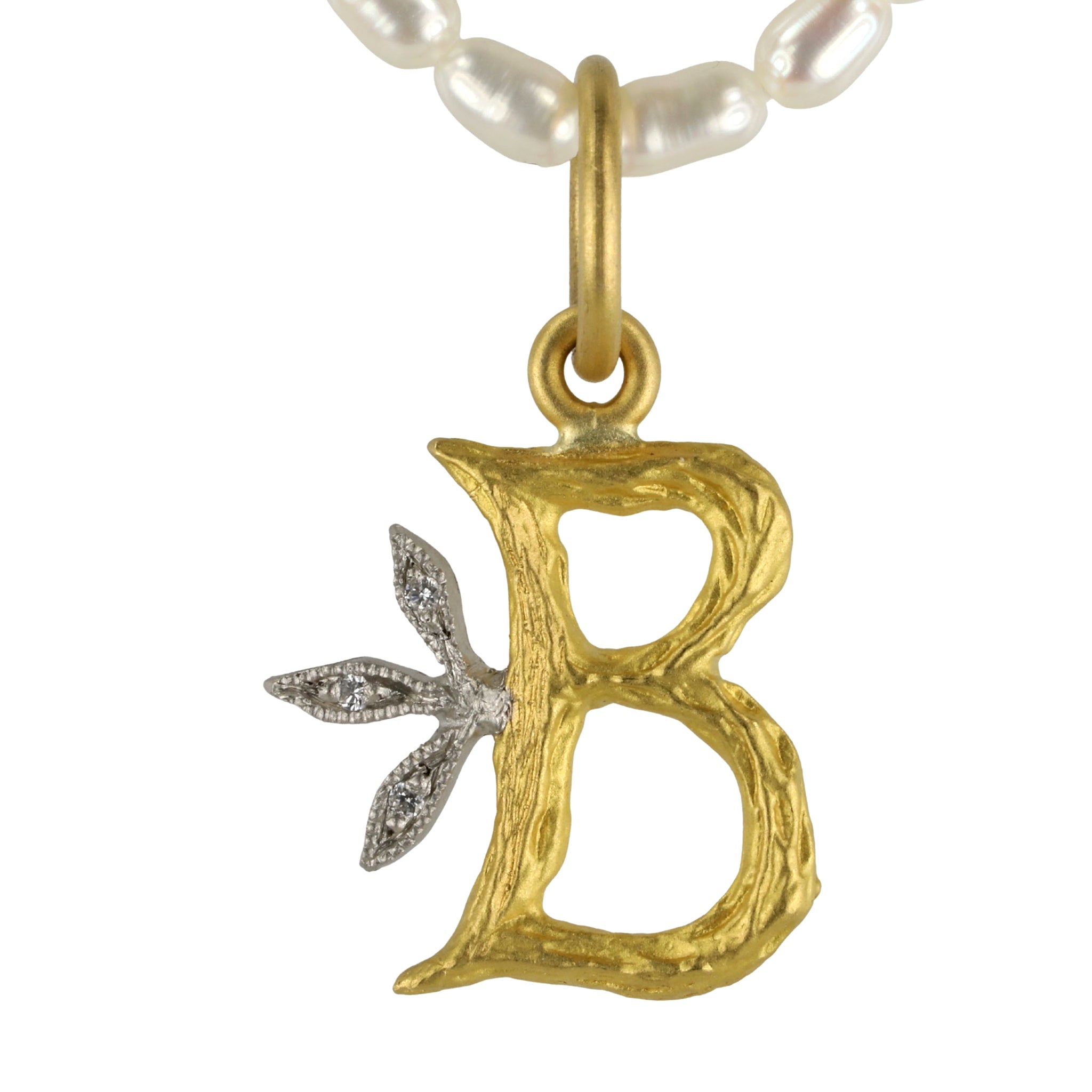 Cathy Waterman 22K Gold Textured &quot;B&quot; Pendant with Platinum and Diamonds