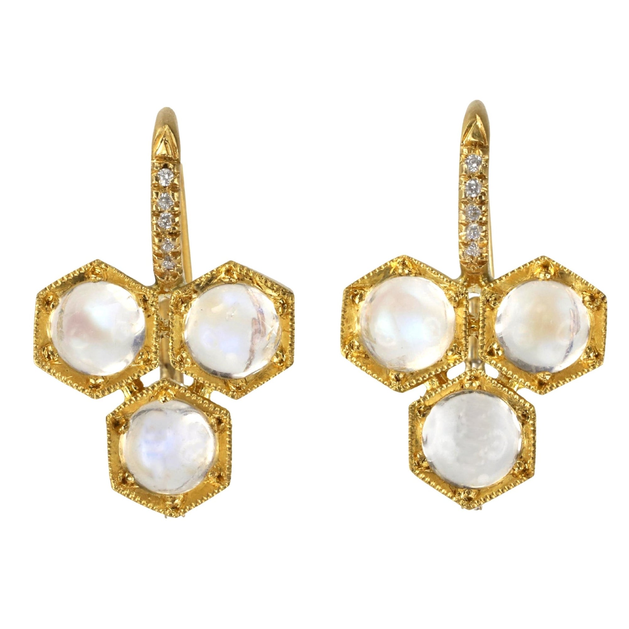 22K Gold Triple Hexagonal Rainbow Moonstone Earrings with Pave Diamond Details