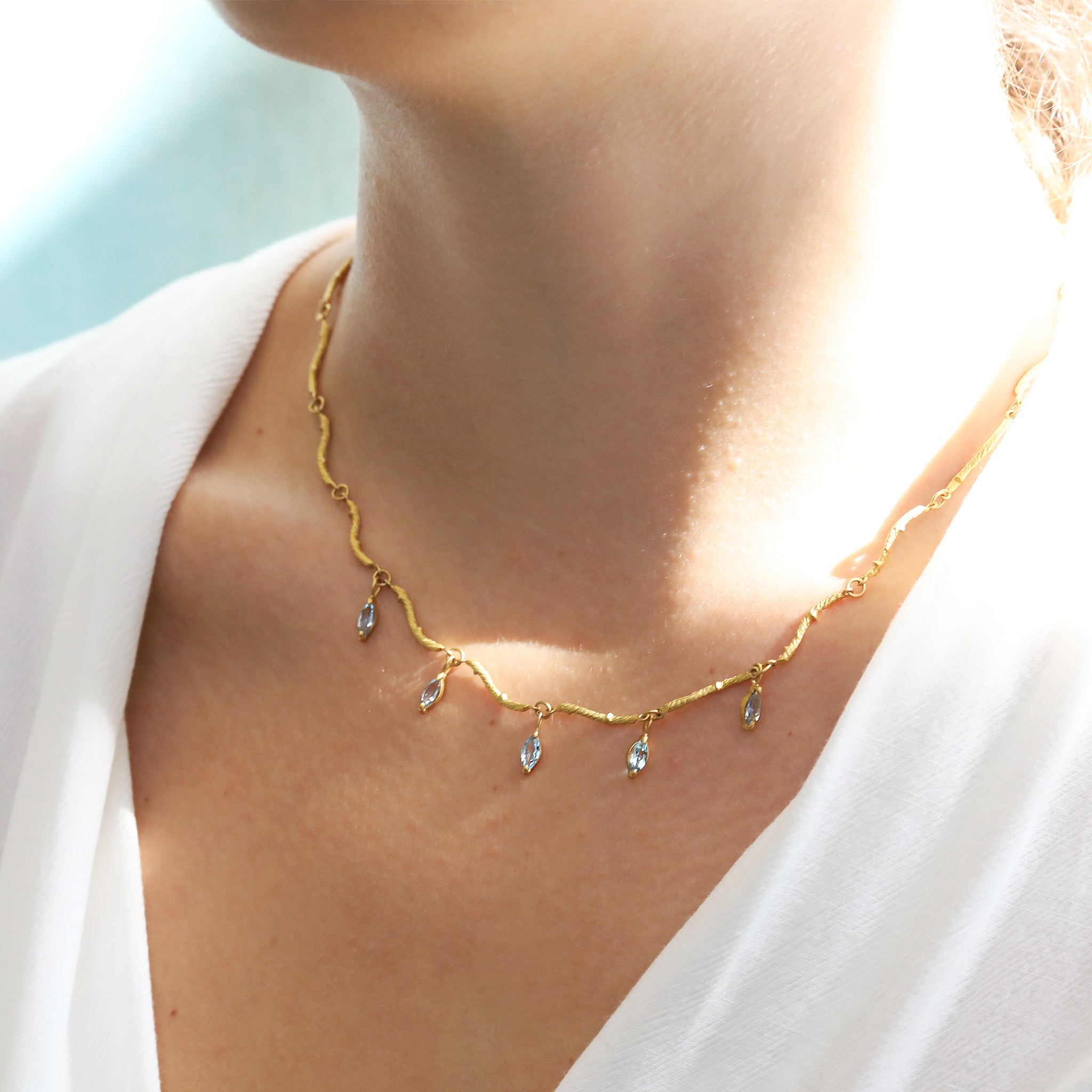 22K Gold &quot;Twig&quot; Chain Necklace with Aquamarine Marquise Drops - Peridot Fine Jewelry - Cathy Waterman