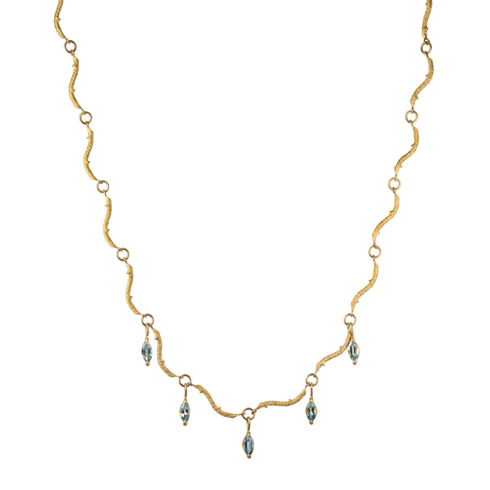 22K Gold &quot;Twig&quot; Chain Necklace with Aquamarine Marquise Drops - Peridot Fine Jewelry - Cathy Waterman