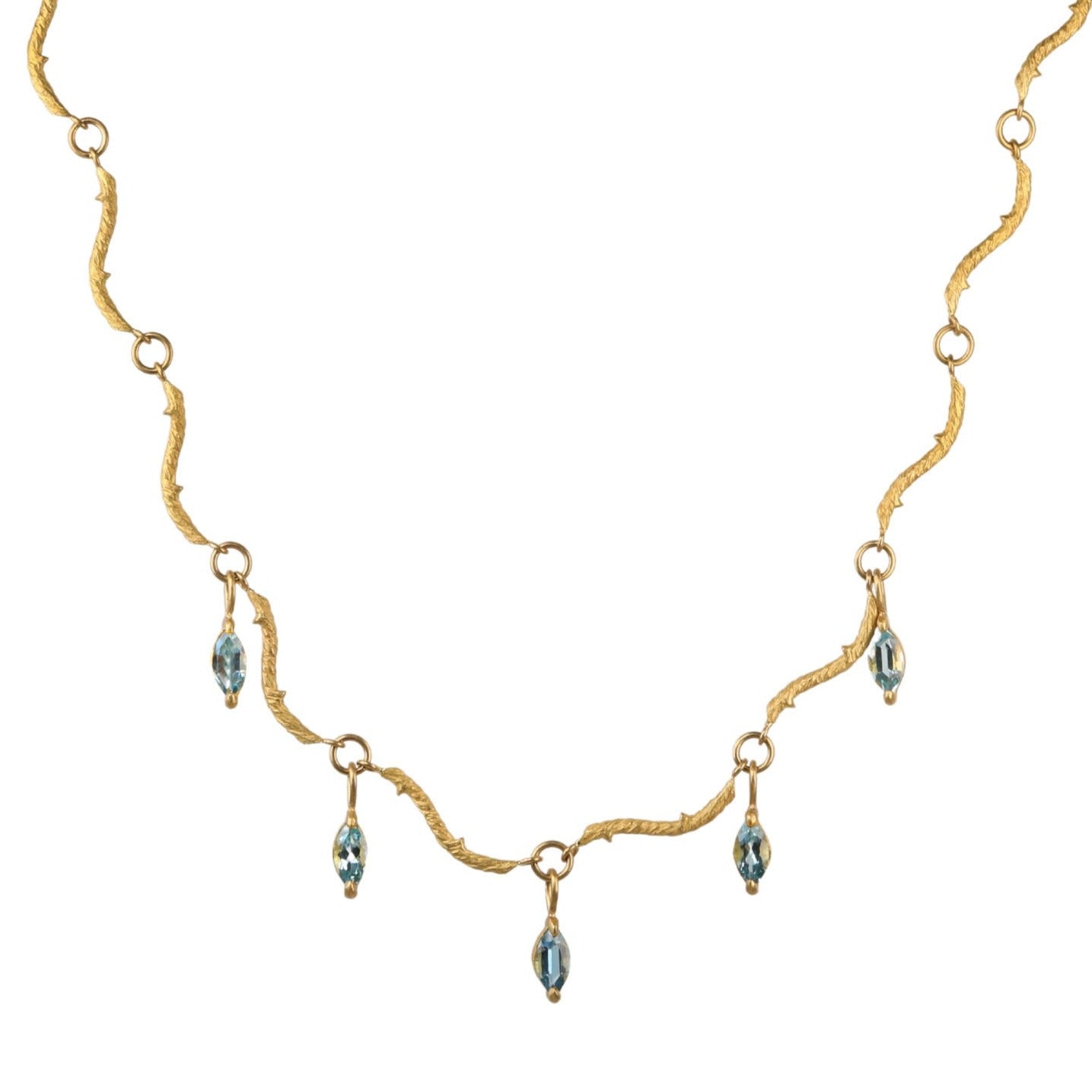 22K Gold &quot;Twig&quot; Chain Necklace with Aquamarine Marquise Drops - Peridot Fine Jewelry - Cathy Waterman