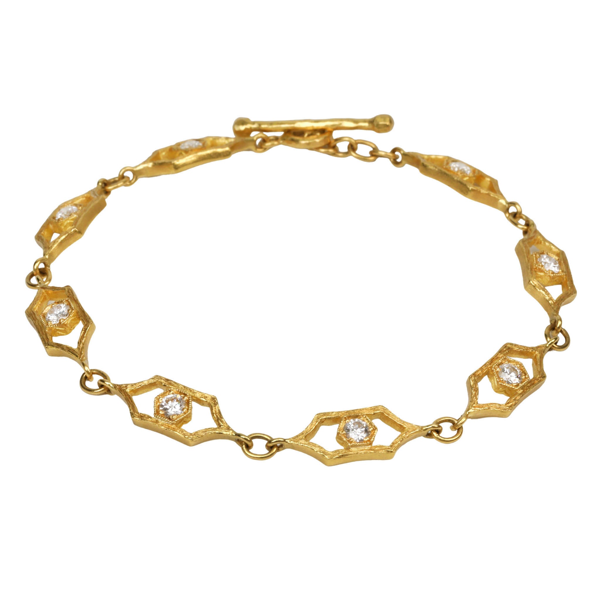22K Gold &quot;Twig Frame&quot; Bracelet with Bezel-Set Diamonds - Peridot Fine Jewelry - Cathy Waterman