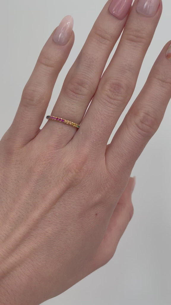 Annie Fensterstock 18K Gold Band with Rainbow Sapphire and Emeralds