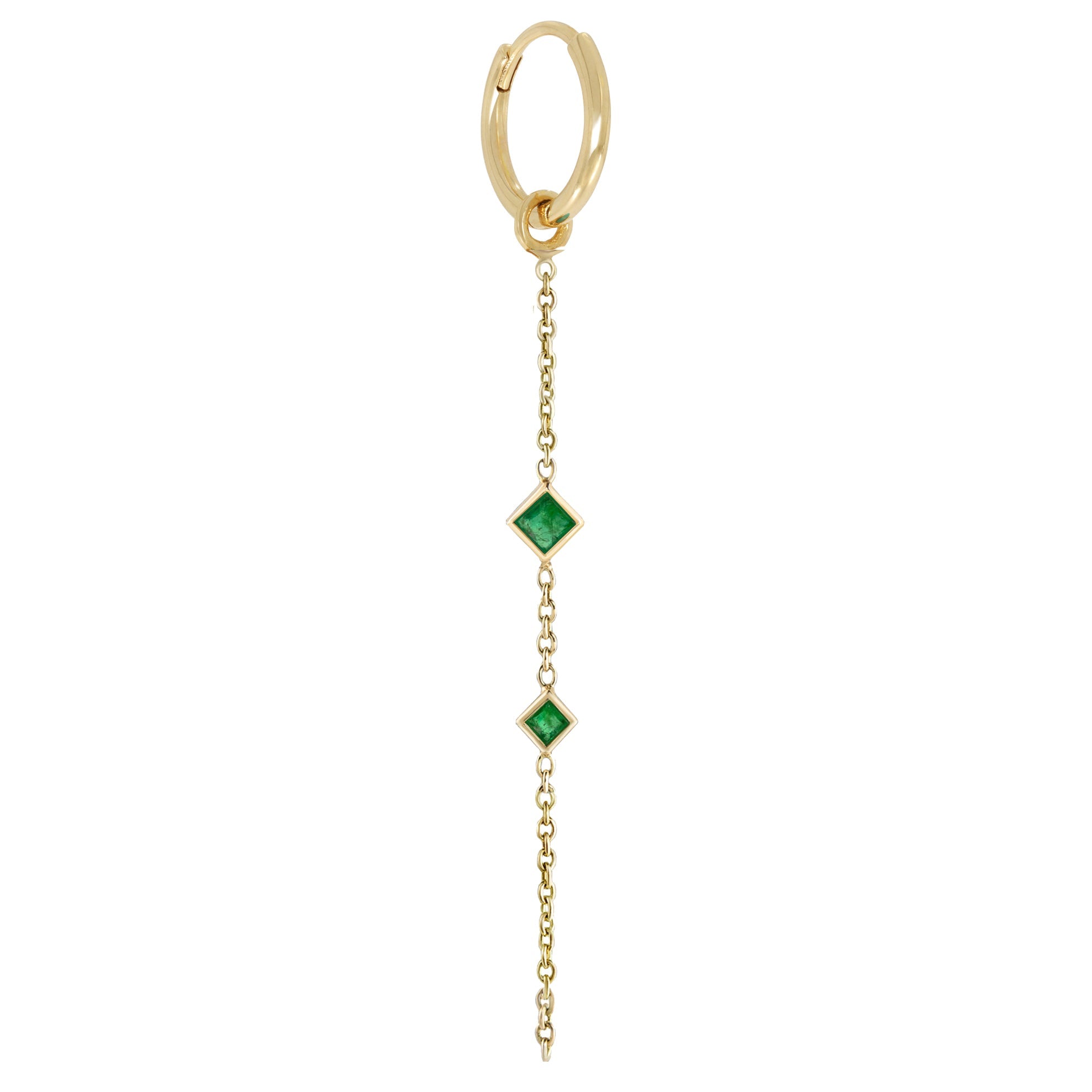 9K Gold Click Hoop with Princess-Cut Emerald Chain Drop - Peridot Fine Jewelry - Metier by Tomfoolery