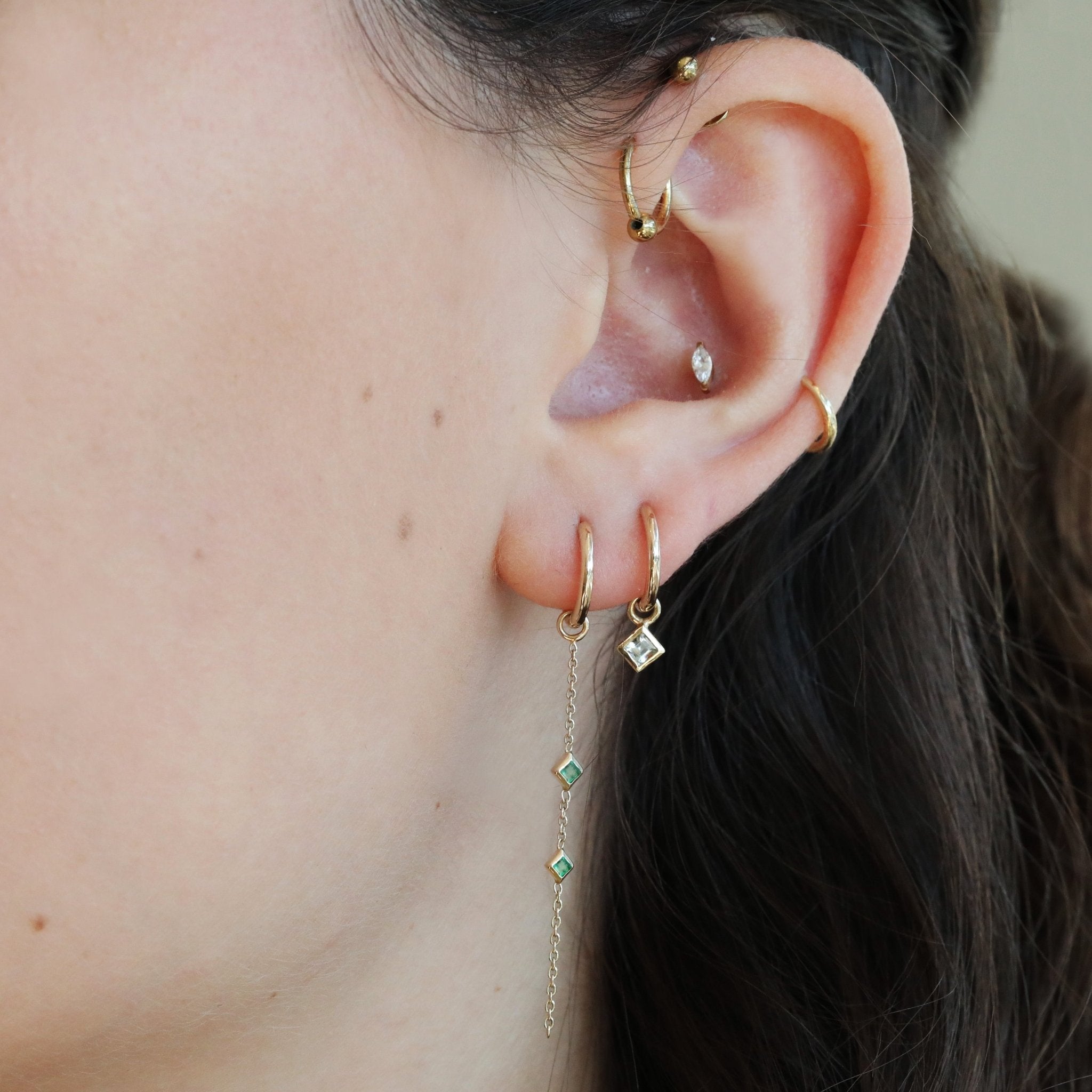 9K Gold Click Hoops with Princess-Cut Aquamarine Drop - Peridot Fine Jewelry - Metier by Tomfoolery