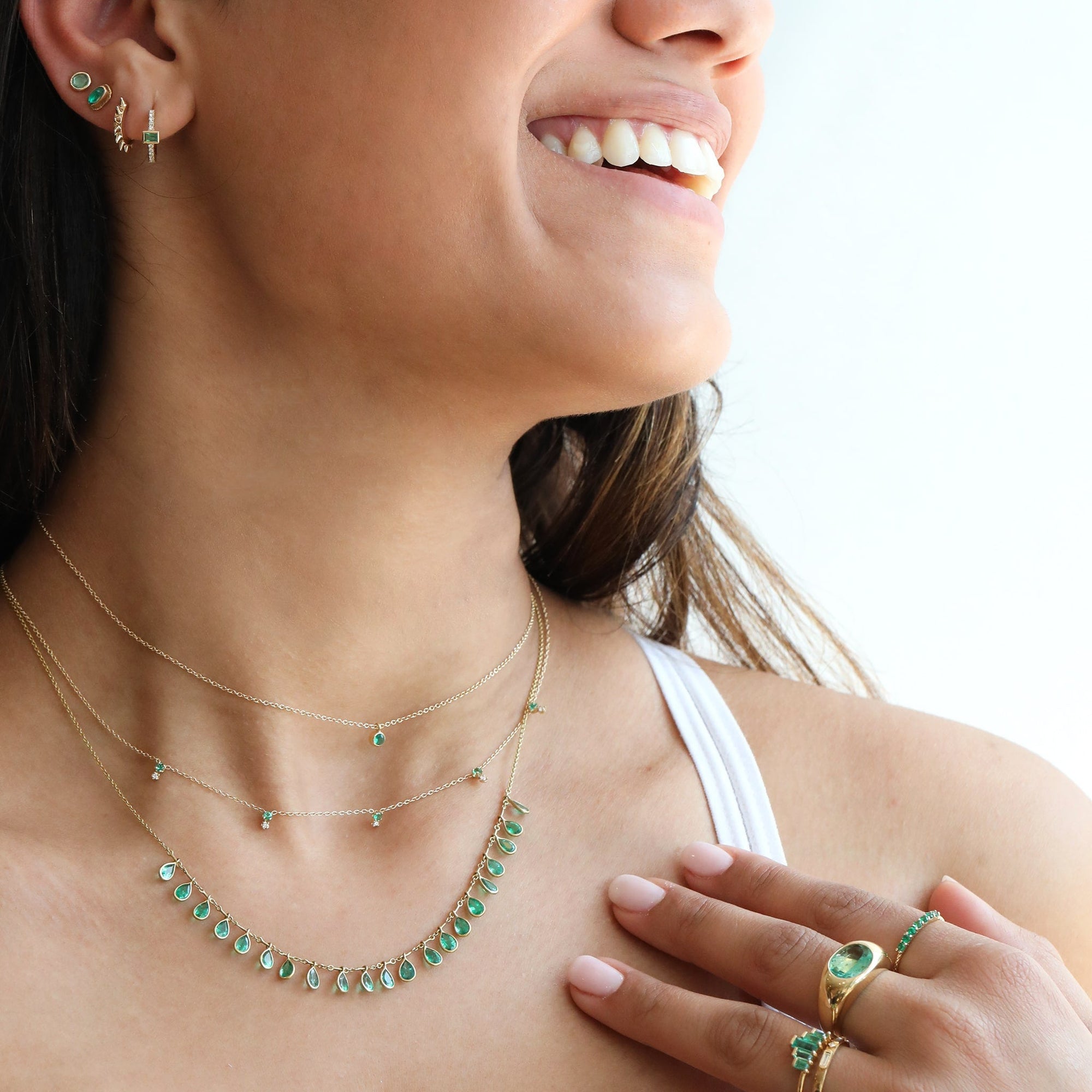 Kothari Bezel-Set Teardrop Emerald Fringe Necklace