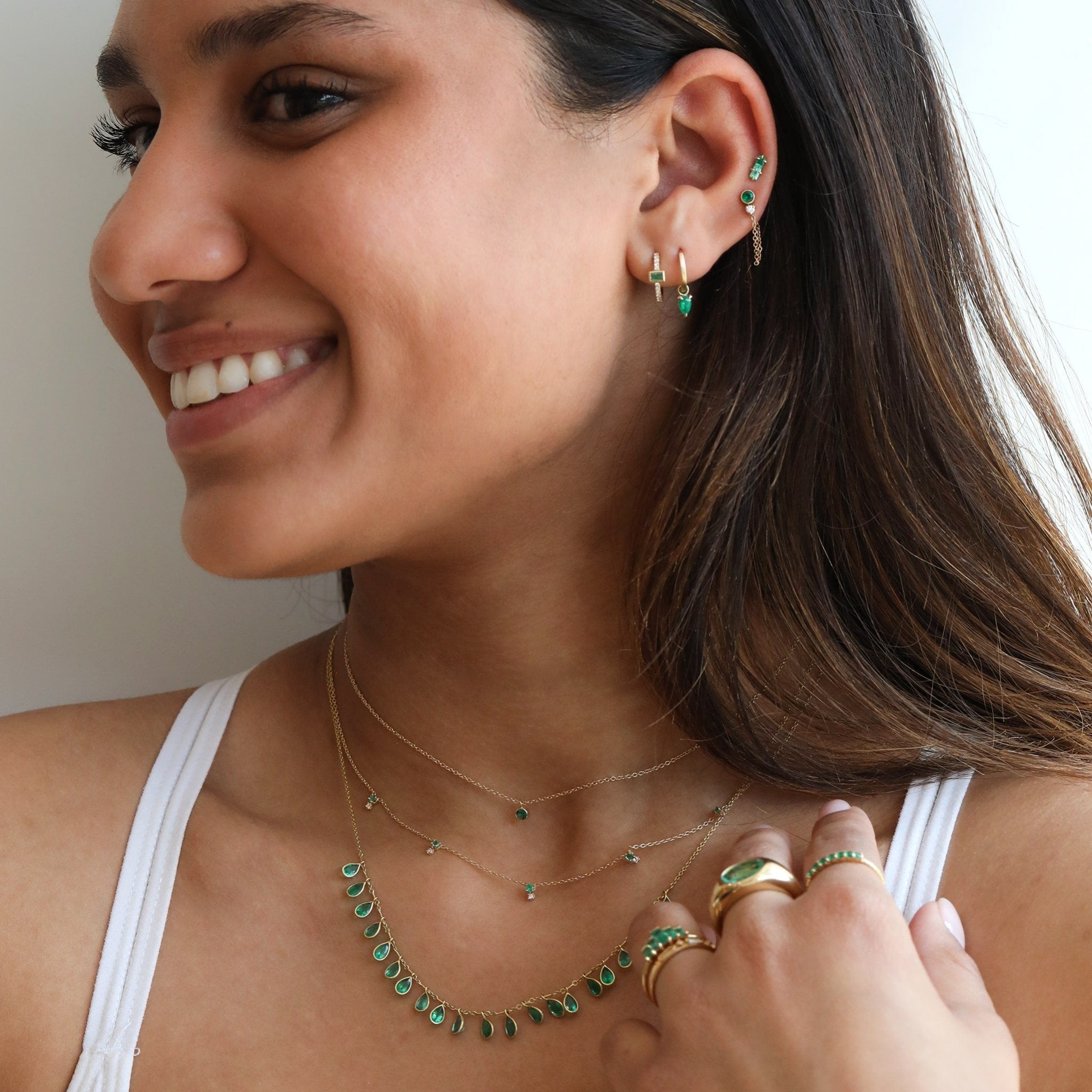 Emerald + Gold Triangle Fringe Earrings