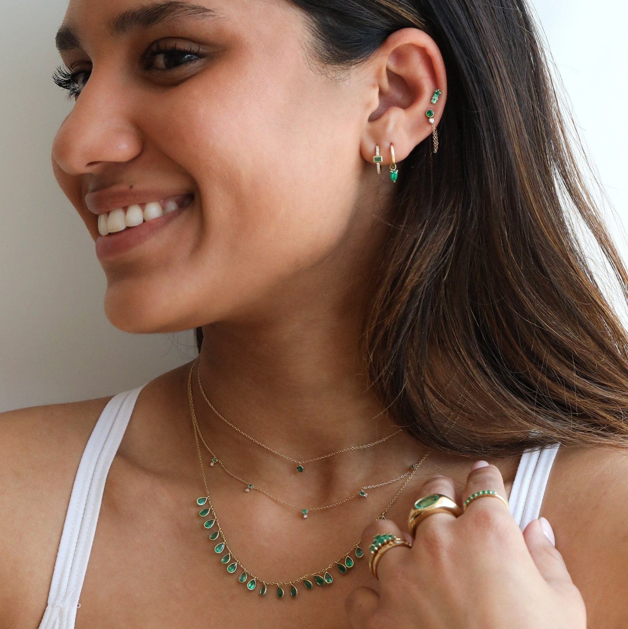 Kothari Bezel-Set Teardrop Emerald Fringe Necklace