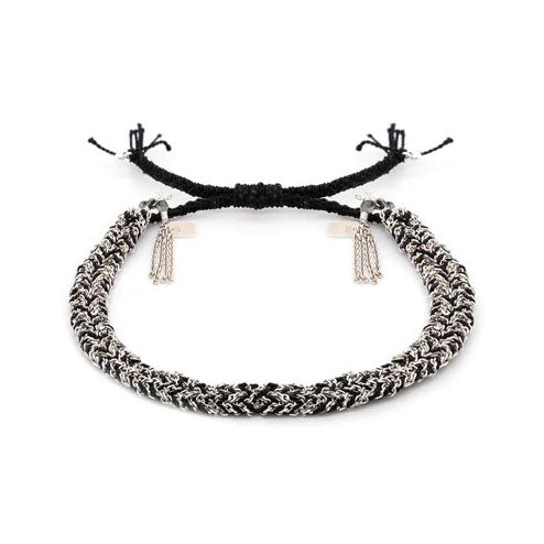 Black Silk and Silver Chain Woven Bracelet - Peridot Fine Jewelry - Marie Laure Chamorel