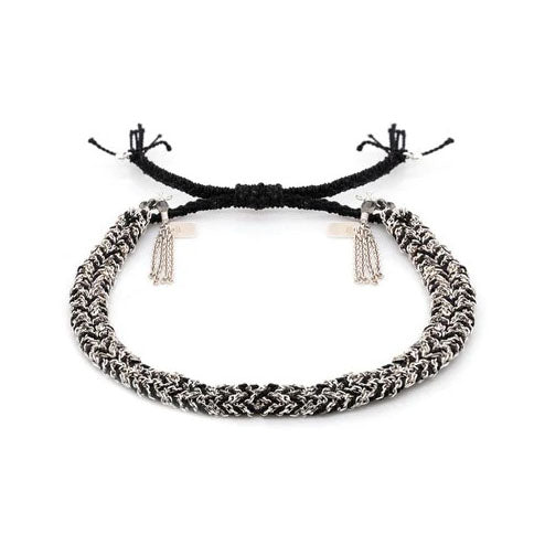 Black Silk and Silver Chain Woven Bracelet - Peridot Fine Jewelry - Marie Laure Chamorel