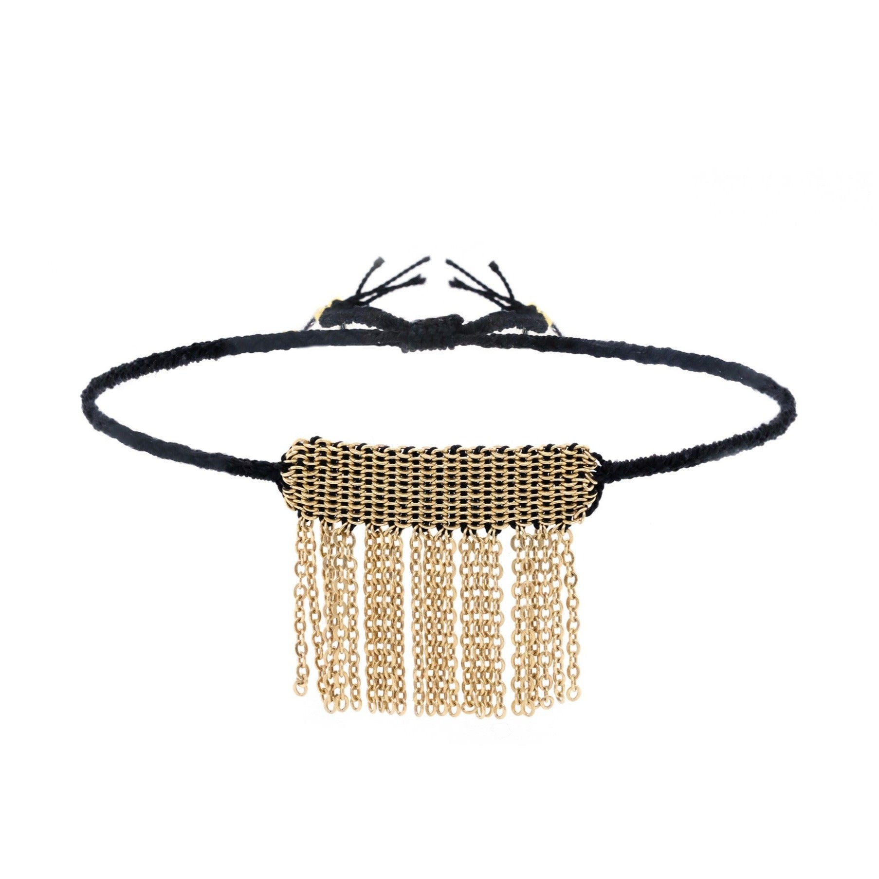 Black Silk Bracelet with Gold Vermeil Center Tassel Section - Peridot Fine Jewelry - Marie Laure Chamorel
