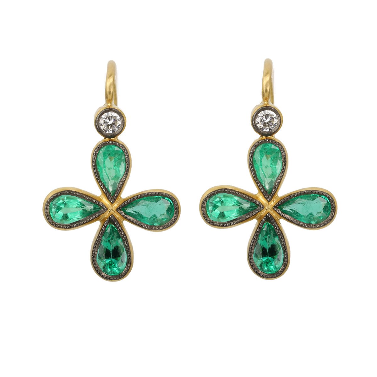 Cathy Waterman Blackened 22K Gold Bezel-Set Emerald "Star" Earrings with Diamond
